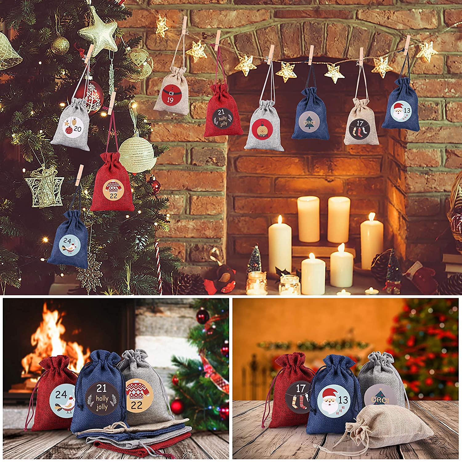 Set De 24 Sachets Tissu Pour Calendrier De L’Avent DIY – Pinces, Corde, Cloches Et Chiffres En Bois – Réutilisable, Décoration Noël