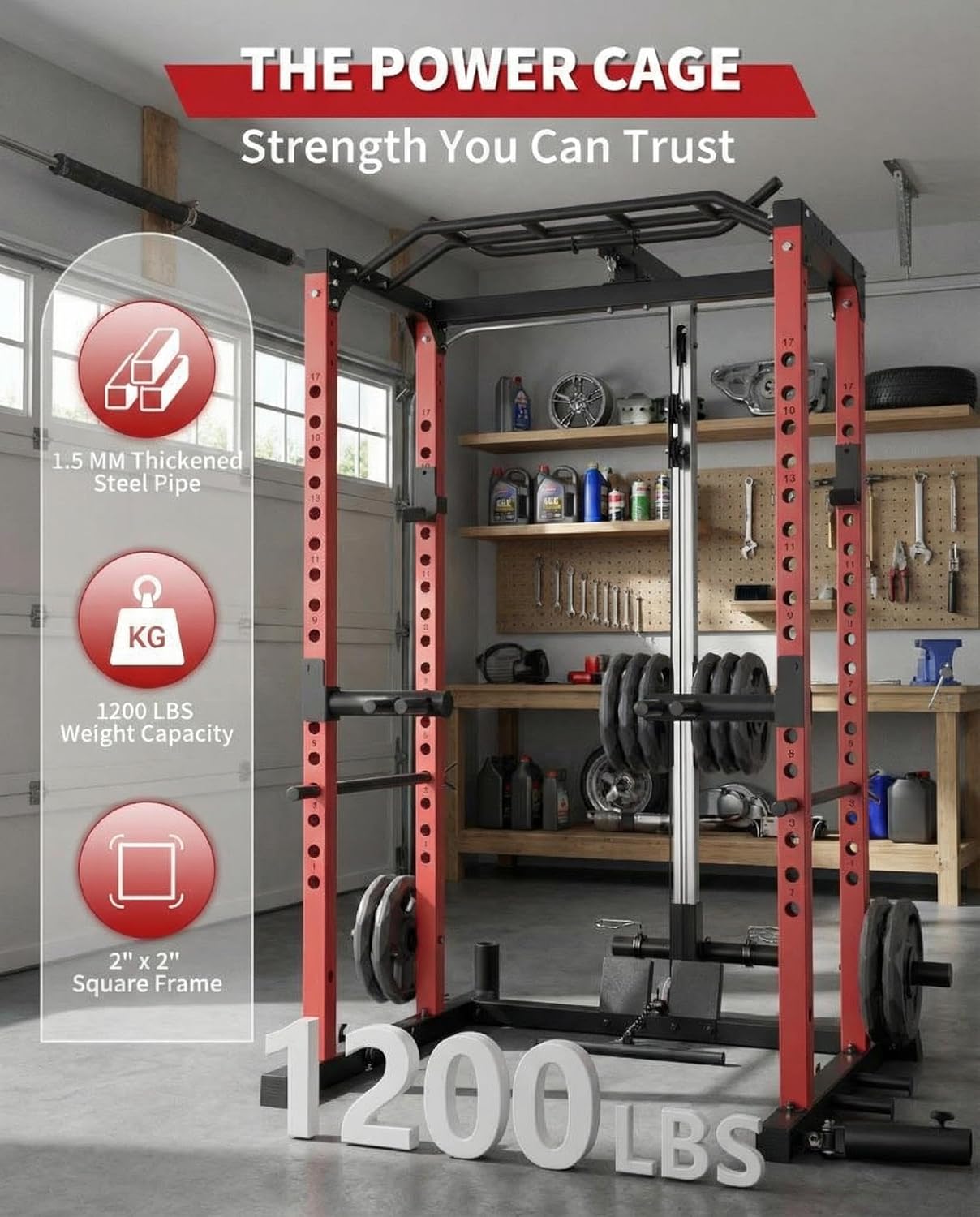 1200LBS Power Cage Squat Rack, Home Gym Strength Training Rack with Pulley, Lat Pulldown, Dip Bars, Pull Up Bar, Low Row, Landmine, Weight Storage, Multi-Functional Equipment