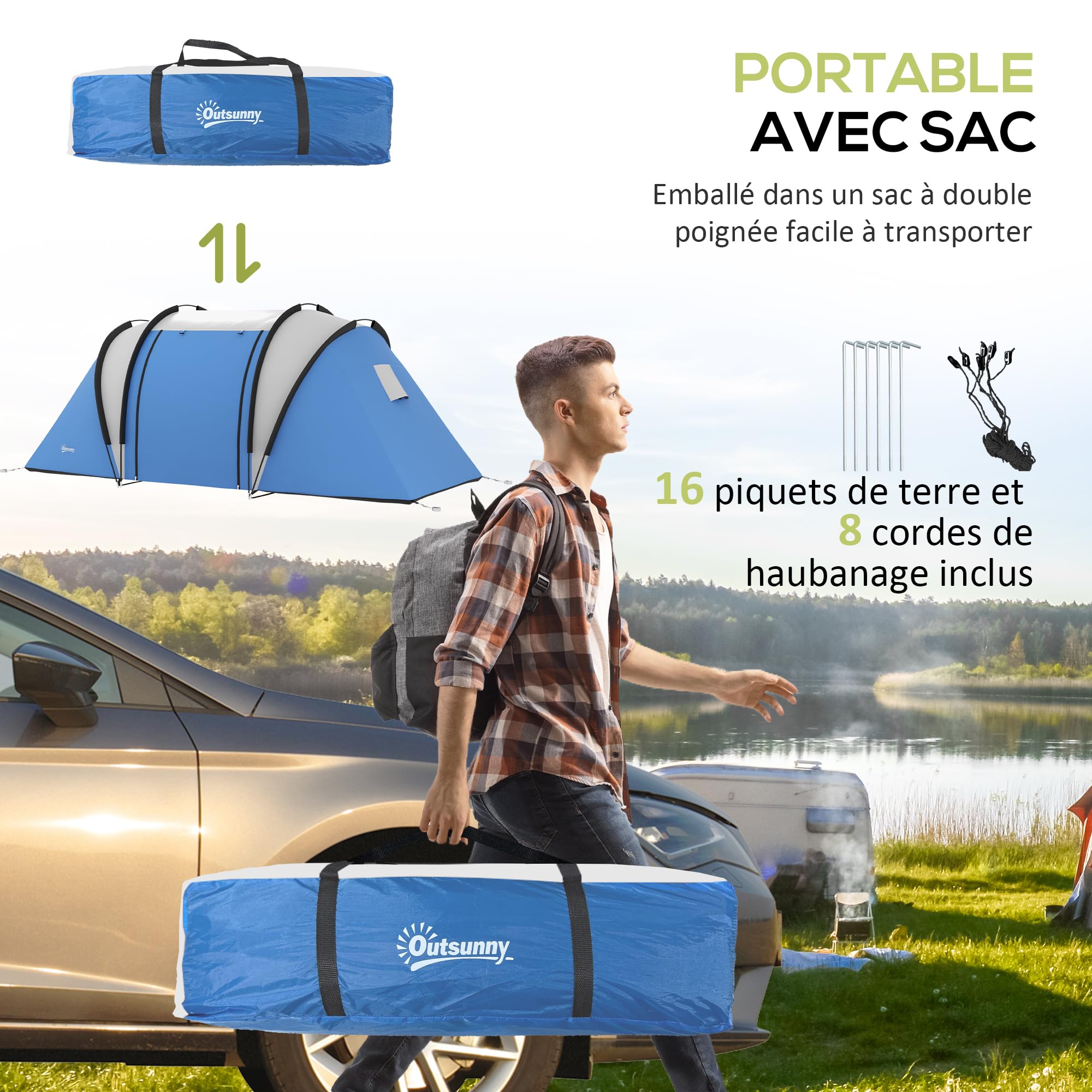 Outsunny Tente de Camping familiale 4-5 Personnes avec 2 Chambres, 3000 mm imperméable et ventilée, Installation Facile, Tente de randonnée avec 3 Portes et fenêtres et Sac de Transport