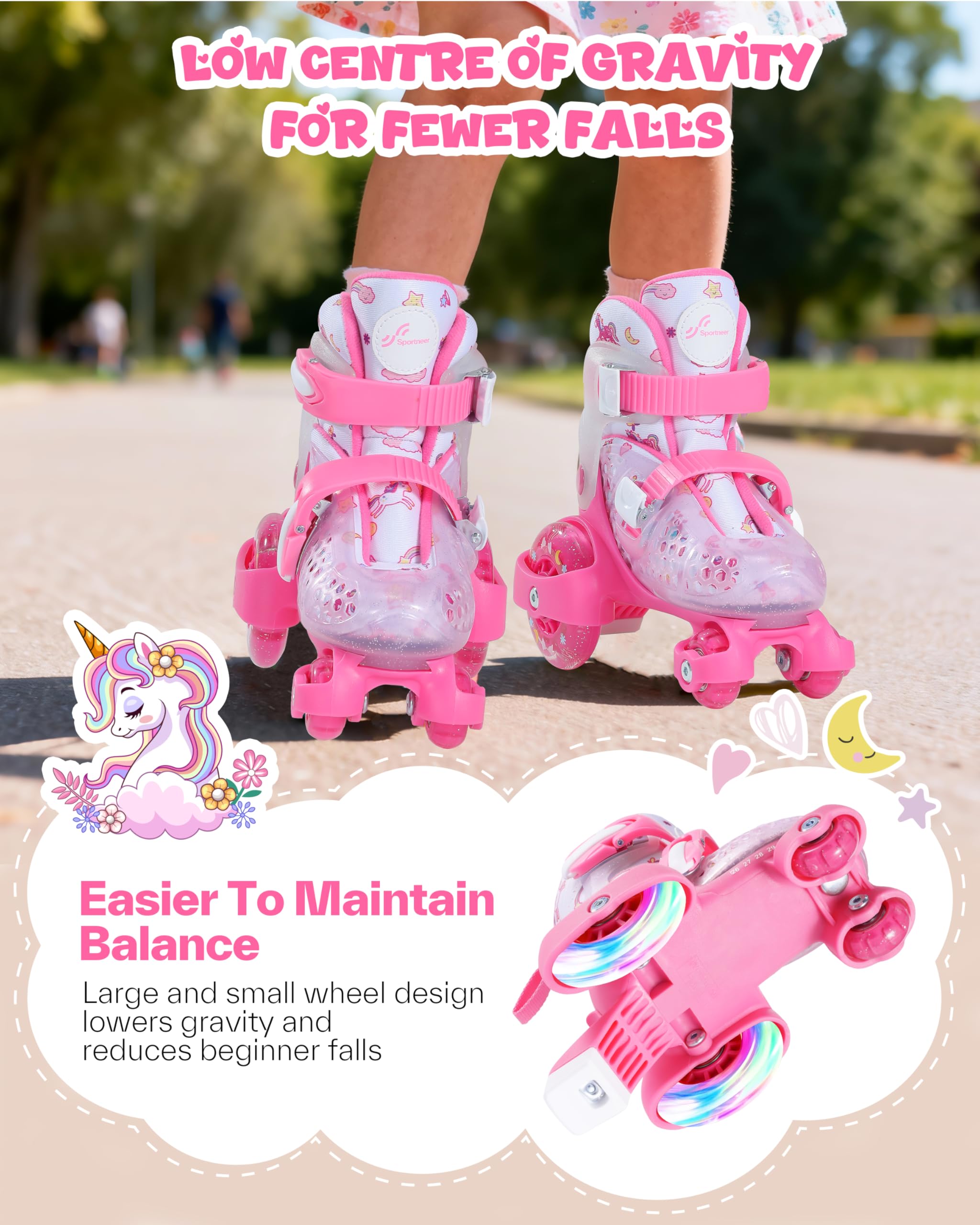 Patines 4 Ruedas Niña EU 24-31 Unicornios Ajustables 3-8 Años con LED Iluminación