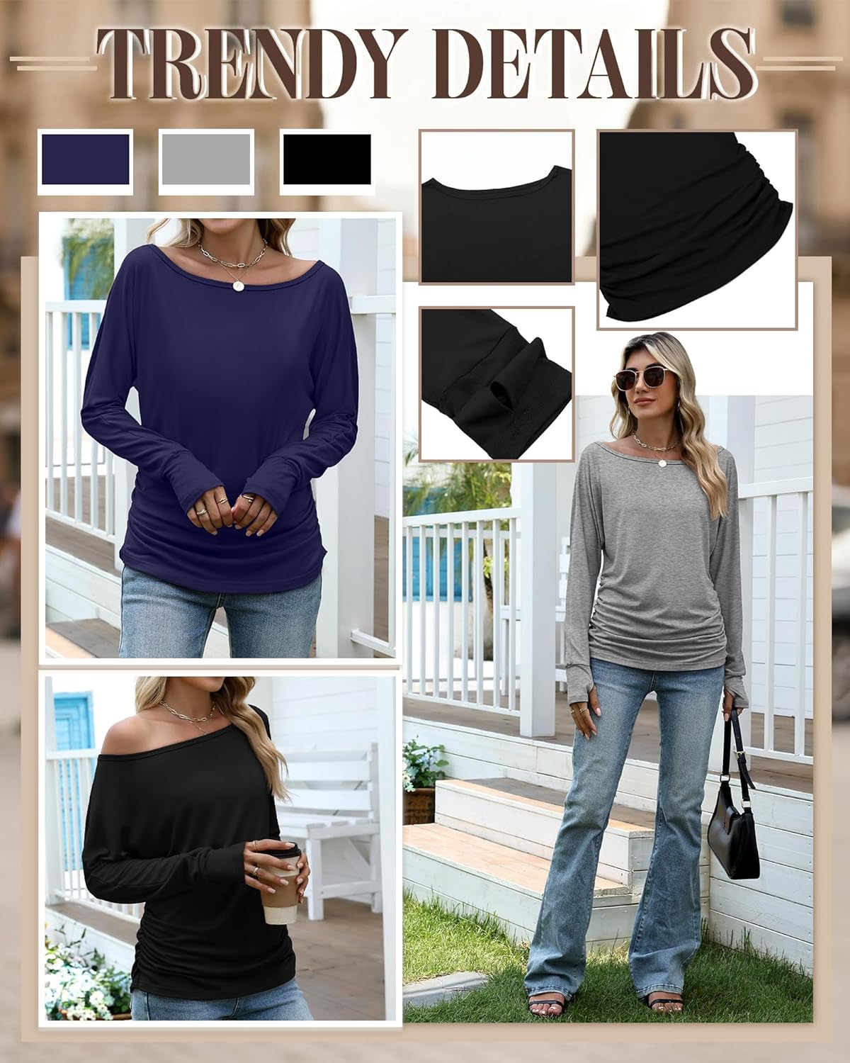Huukeay 3 Pack Off The Shoulder Boat Neck Tops for Women, Long Sleeve Thumbhole Side Ruched Shirts Loose Causal Tunic Tees - Image 5