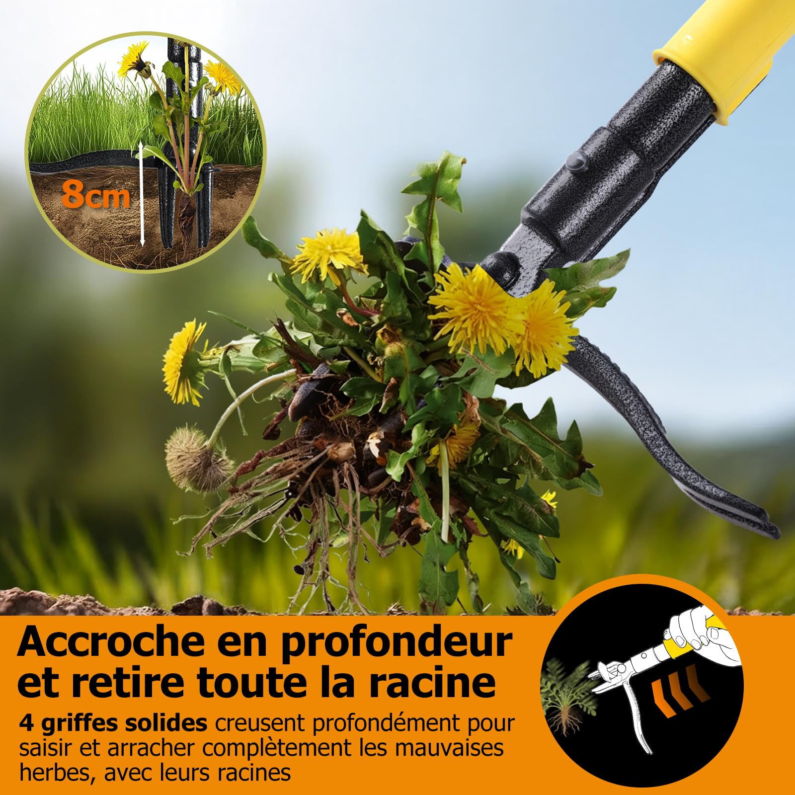 Désherbeur Manuel Extracteur de Mauvaises Herbes, Outil de Désherbage Debout 109 cm à Long Manche et Système d'Éjection, Arrache-Racines 4 Griffes, Cadeau Jardinage