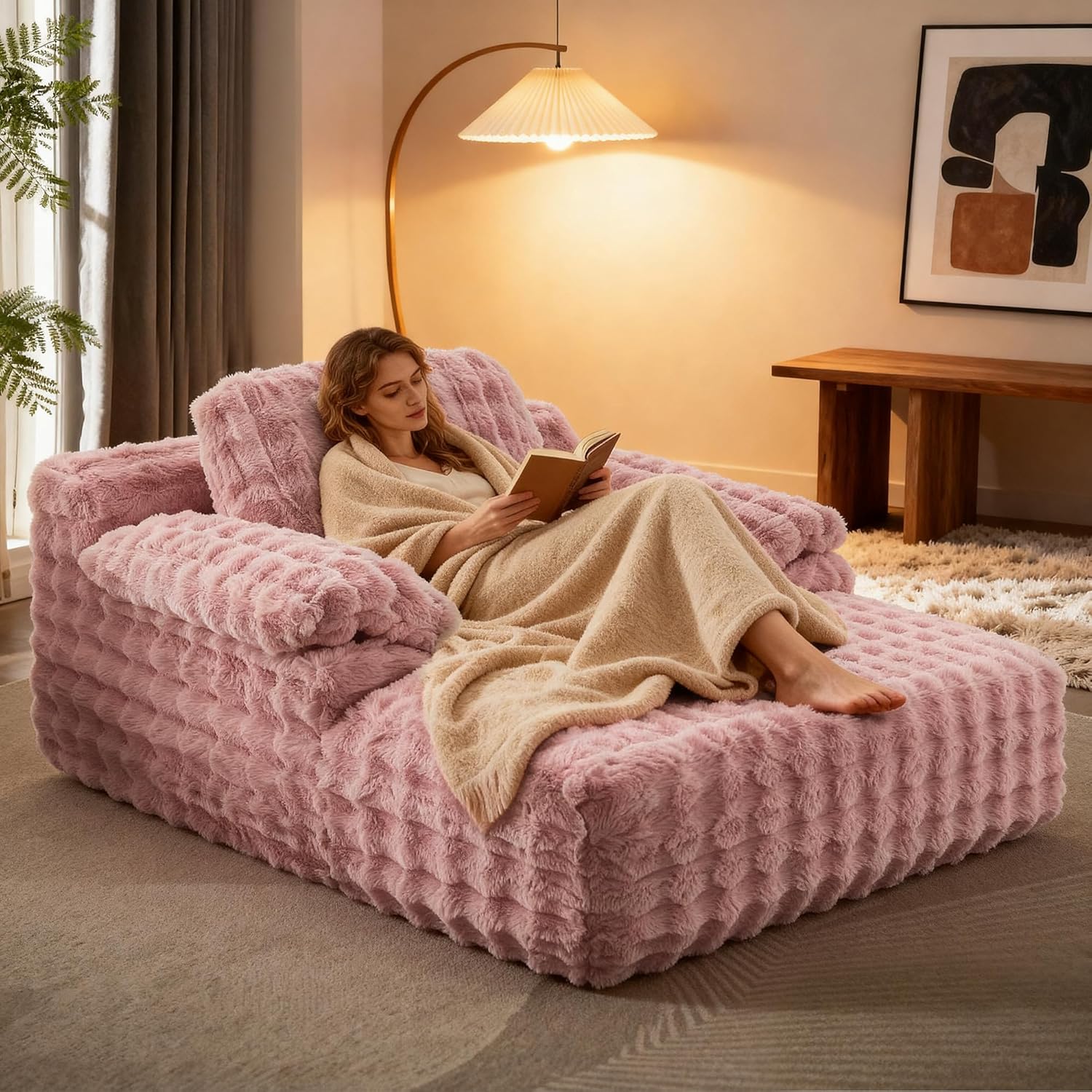 TUNYI Chaise Lounge Chair, 67.7" Oversized Plush Faux Fur Sleeper Chair with Wide Armrests Upholstered Sofa Bed Boneless Couch for Living Room/Bedroom/Apartment/Guest Room (Pink)