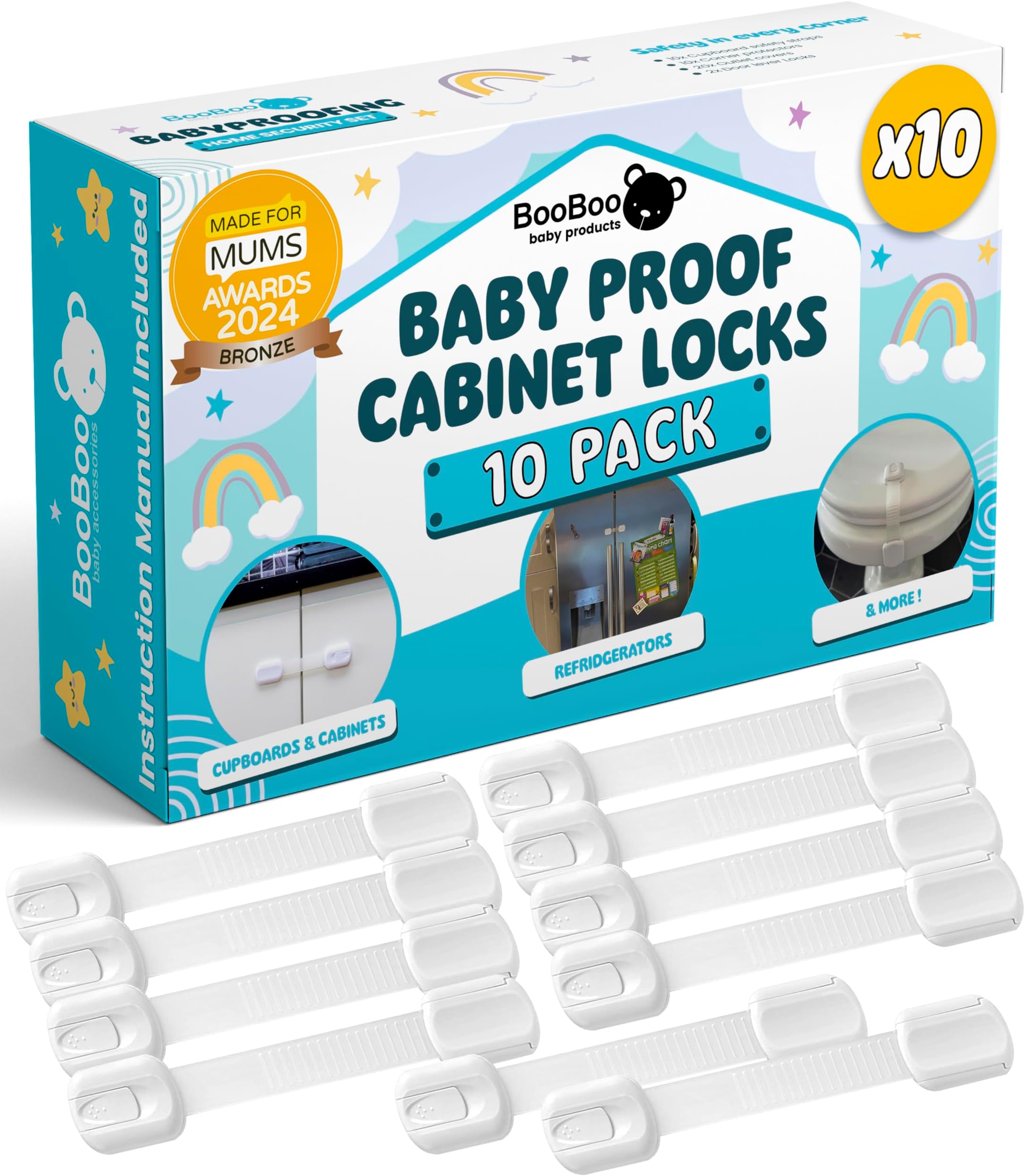 Booboo® (10 Pack) Premium Child Locks for Kitchen Cupboards, Child Proof Cabinet Locks, Drawer Locks Baby Proofing Cabinets with No Drilling, Extra Strong Adhesive + 4 Extra Stickers