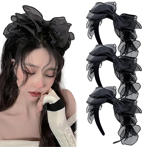 Aswewamt 3 diademas de encaje negro con lazo vintage anudado para el pelo, lazo francés elegante, diadema de encaje, accesorios de disfraz para