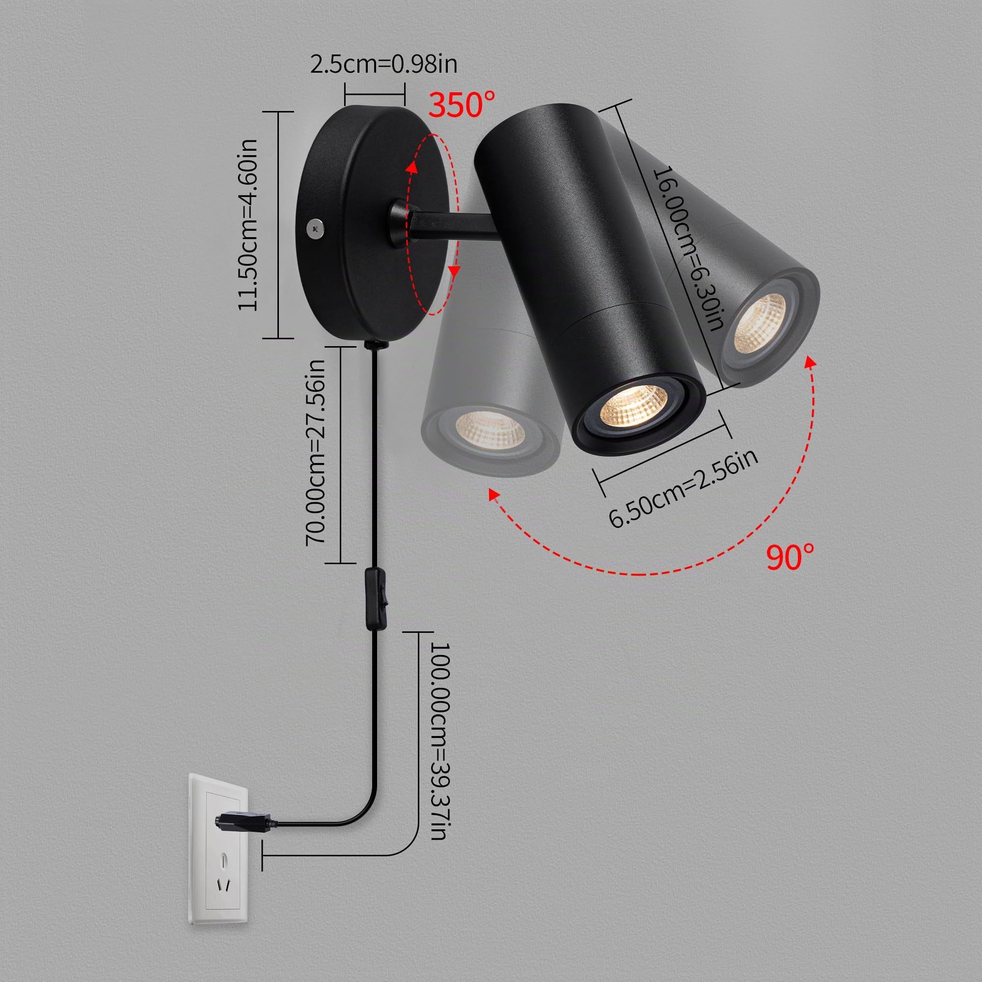 Aisilan Wandlampe Innen mit Stecker Schwarz mit GU10 LED Leuchtmittel Moderne Wandleuchte mit Schalter und Kabel Drehbar 350° Wandstrahler Vintage Wandspot für Schlafzimmer Wohnzimmer Treppenhaus