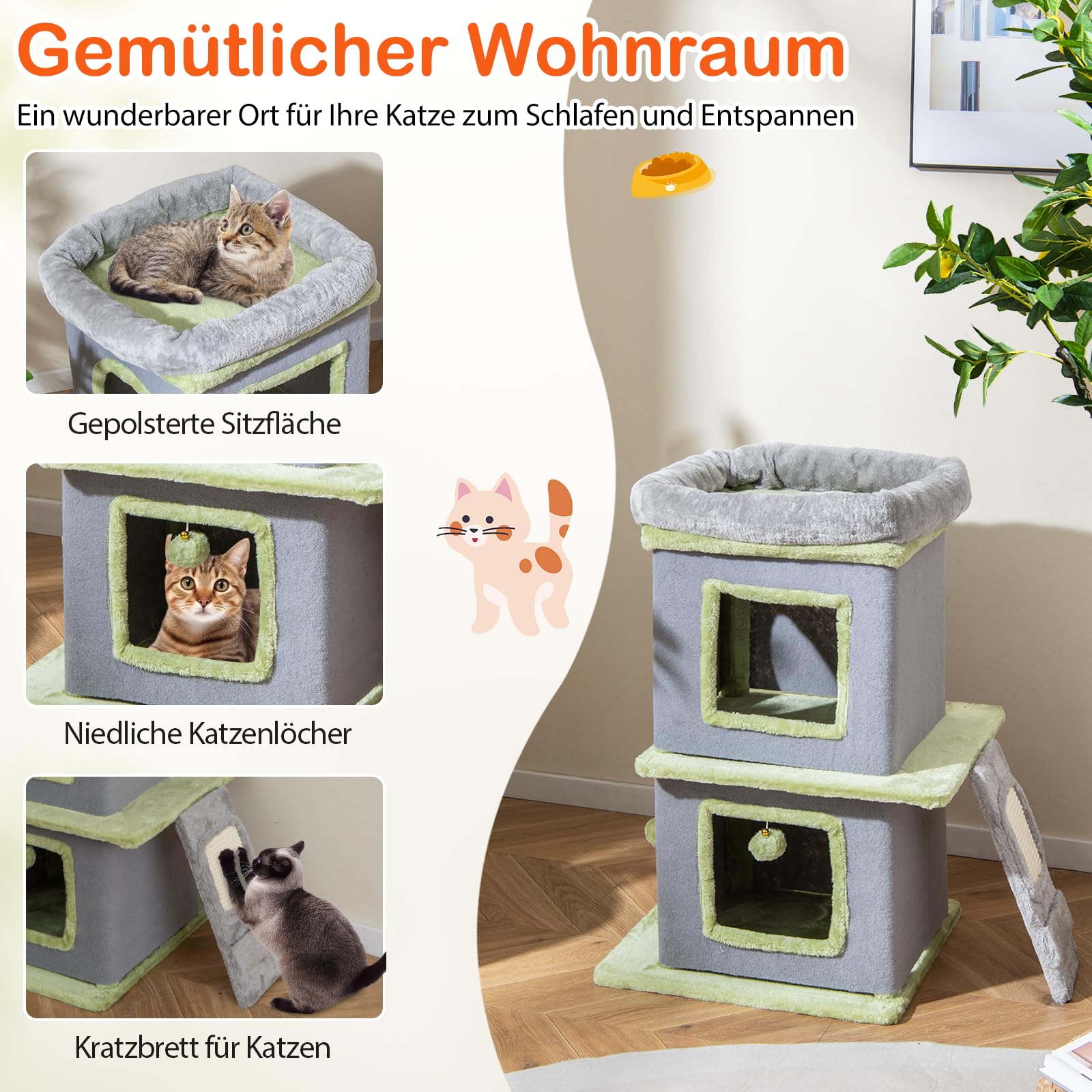 COSTWAY Kratztonne Katzentonne, 3 stöckiger Kratzbaum, Katzenhaus mit großer Liege, Kratzbrett, 2 Katzenhöhlen & Ball, Spieltonne mit Abnehmbarer Hülle, Katzenbaum Katzenkratzbaum Kletterbaum, Grau