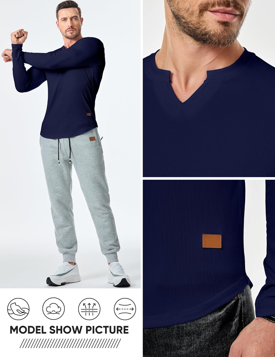 JMIERR Mens Long Sleeve Muscle T Shirts Casual V-Neck Longline Ribbed Tee Shirts - Image 6