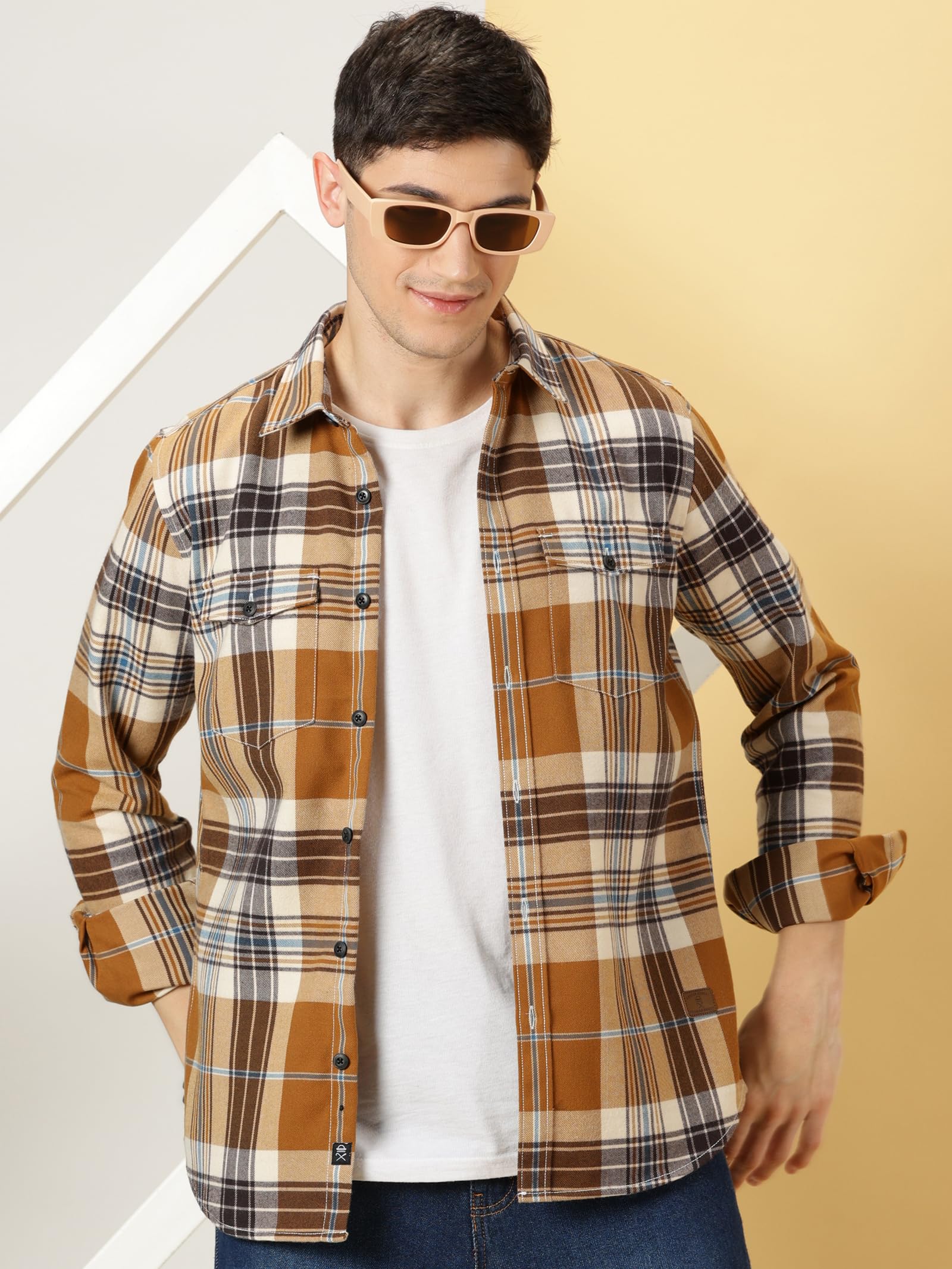 Thomas Scott - Camisa casual a cuadros para hombre (corte recto, 100% algodón, doble bolsillo, cuello ancho
