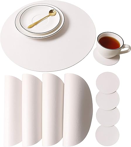 Jovono - Juego de manteles individuales y portavasos redondos 4 manteles y 4 portavasos de piel sintética de doble costura diámetro de mantel de 13