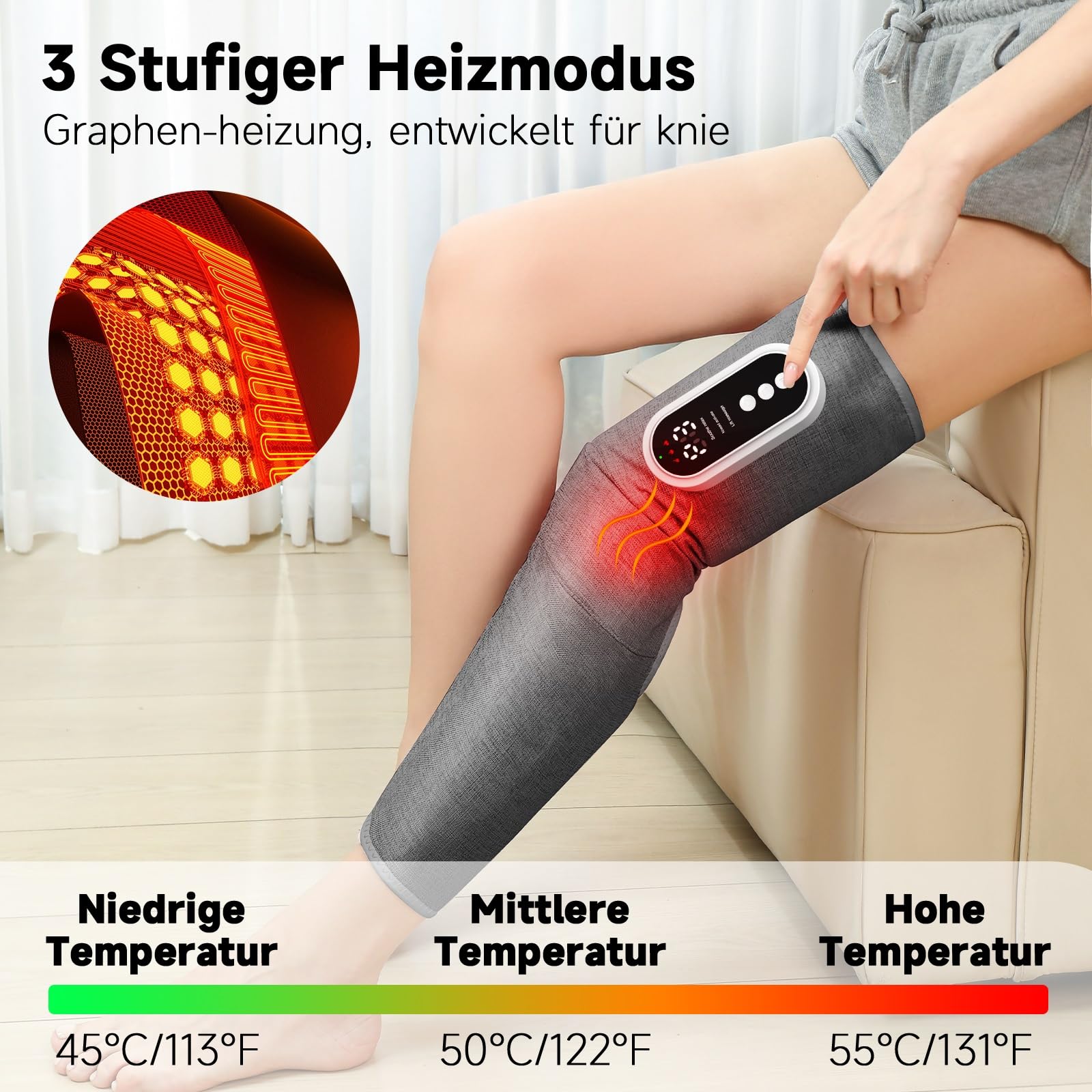 Kabelloses Beinmassagegerät, Luftkompression 3 Stufen, Wärme & Airbags | 3 Stufen Druckmassage mit Wärme, 15-Min-Timer. Für Wade, Oberschenkel und Knie