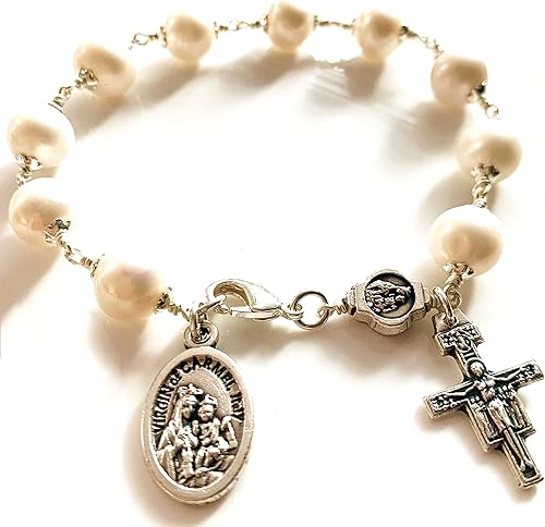 elegantmedical HECHO A MANO Alambre De Plata Envoltura Perla ROSARIO PULSERA CRUZ CATÓLICA, Cobre