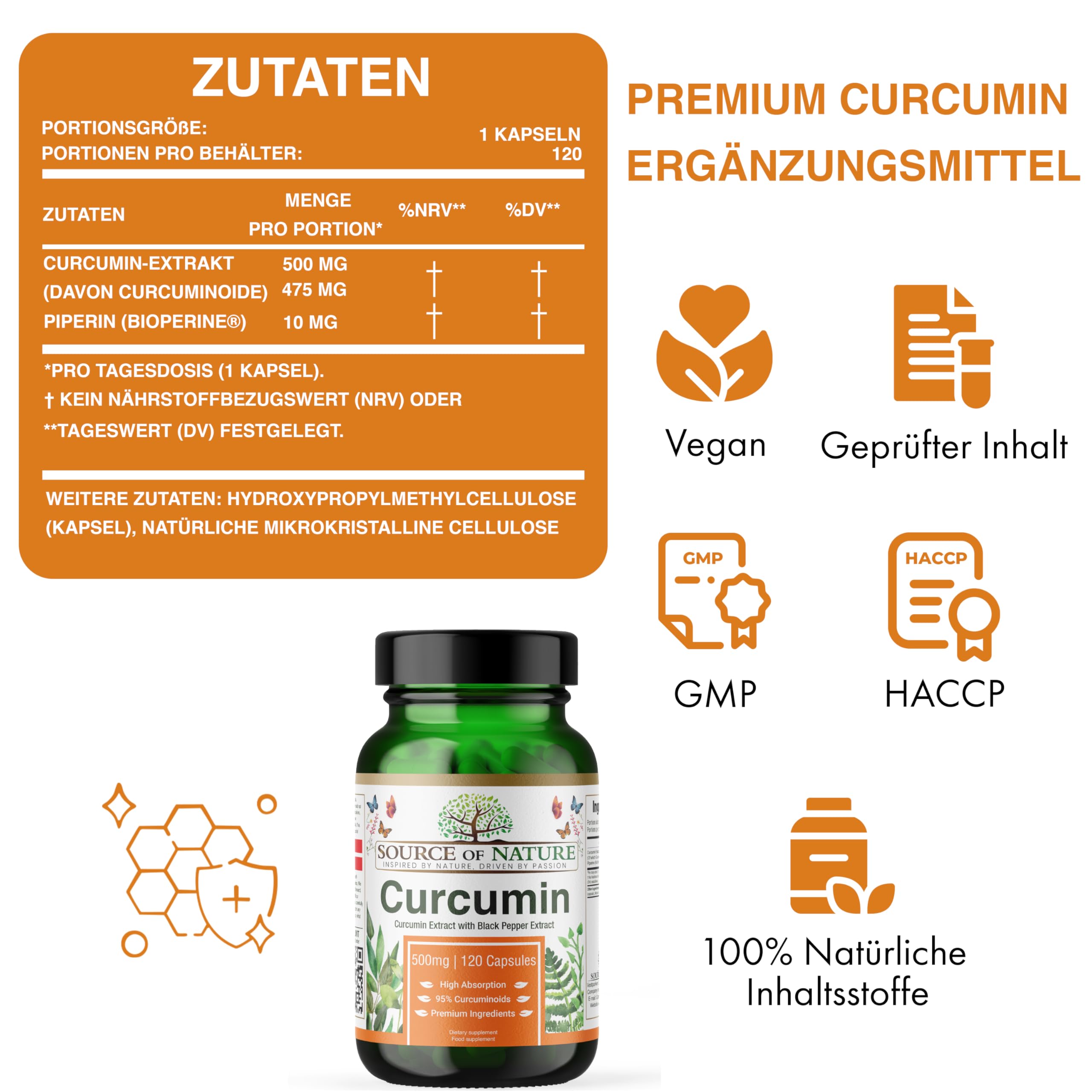 Source of Nature® | 500mg Kurkuma-Extrakt | 120 Kapseln | +95% Reine Curcuminoide | Hergestellt in der EU | Mit BioPerine® (Schwarzer Pfeffer-Extrakt) zur Absorption | Aus Kurkuma | Hochdosiert