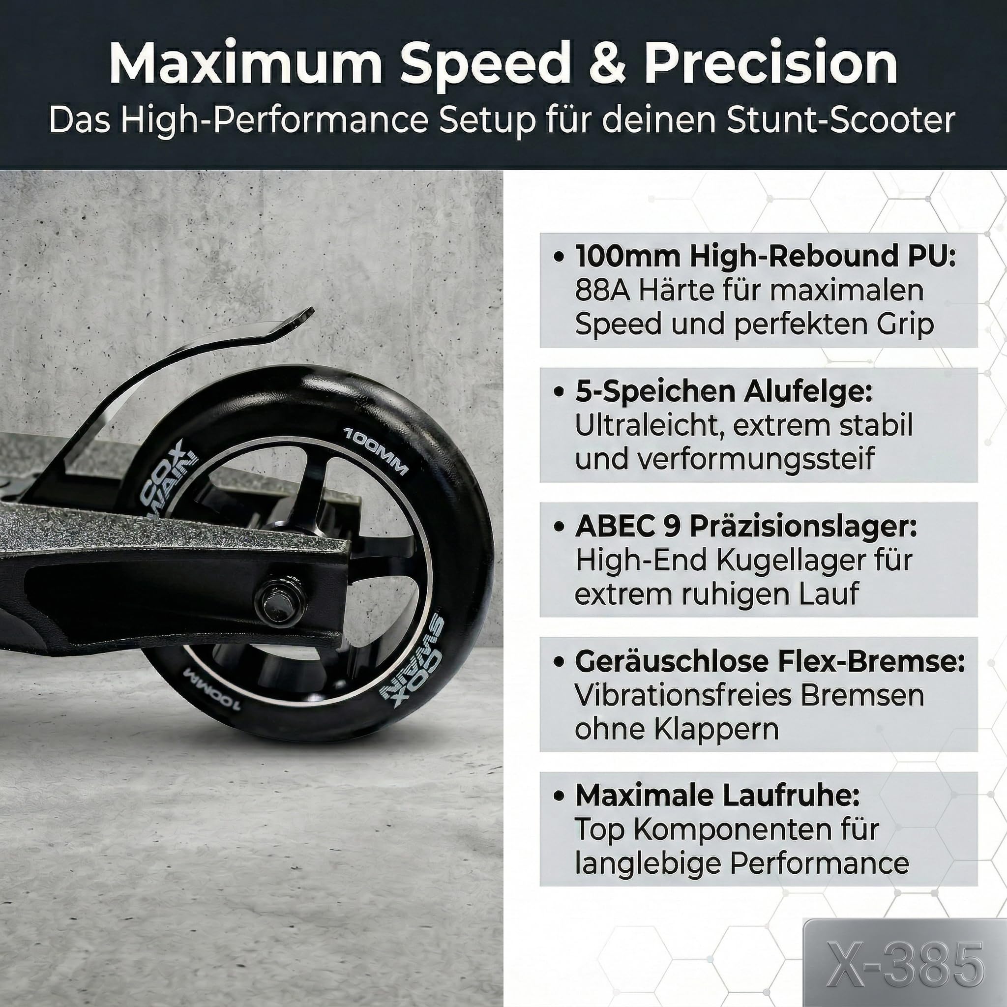 Cox Swain X-385 Stunt Scooter Kinder ab 10 Jahre – Stunt Roller mit SCS Compression, CNC-gefräster Alu Gabel aus einem Stück, ABEC 9 Alu Core Rollen & 360° Y-Lenker für Skatepark & Pipe