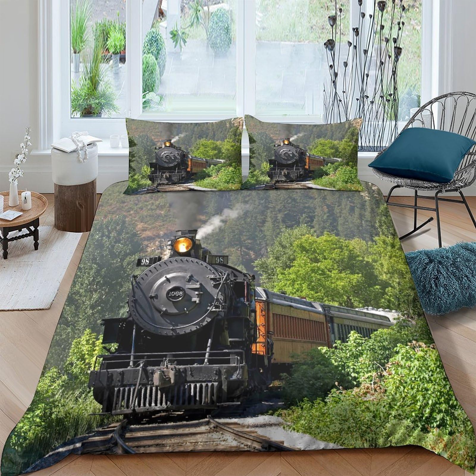 Ctjqhvkz Style-3 3D Printed Steam Train Fitted Sheet Microfiber Soft Breathable Forest Railway Bed Cover For Bedroom Home Decor Single（135X200cm）