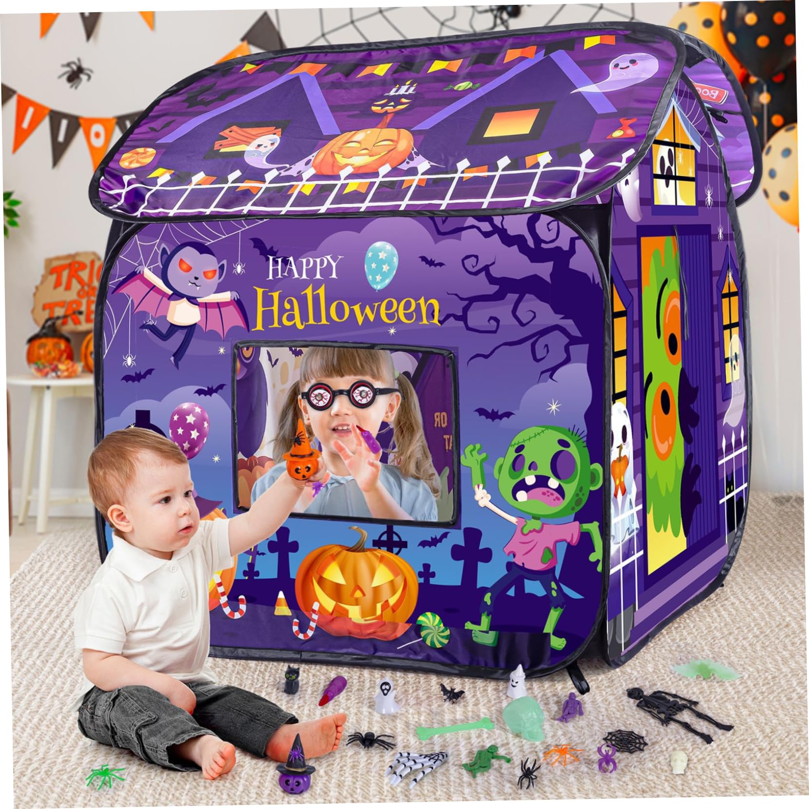 Tenda da gioco per bambini, casetta da gioco pop-up pieghevole ventilante per Halloween con porta ribaltabile e apertura superiore, tenda per bambini dolcetto o scherzetto, non restringibile, re