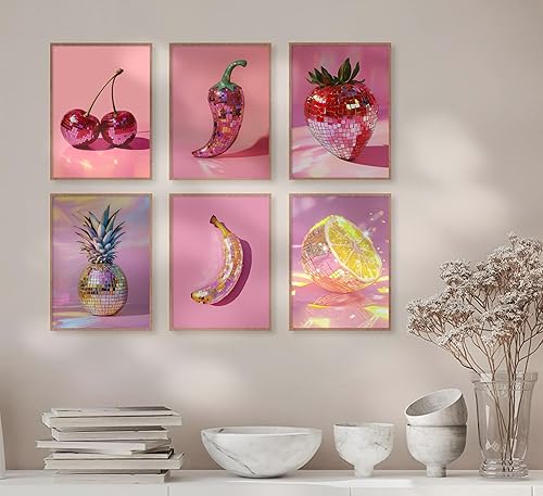 Miniatura 2 de 6 piezas de arte de pared de bola de discoteca rosa de moda, pintura de bolas de discoteca de frutas, decoración de pared, póster estético de