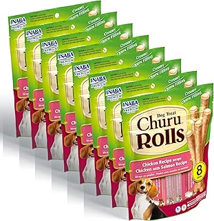 Inaba Churu Rolls for Dogs, Grain-Free, Soft/Chewy Baked Chicken Wrapped Churu Filled Dog Treats, 0.42 Ounces Each Stick| 64 Stick Treats Total (8 Sticks per Pack), Chicken with Salmon Recipe