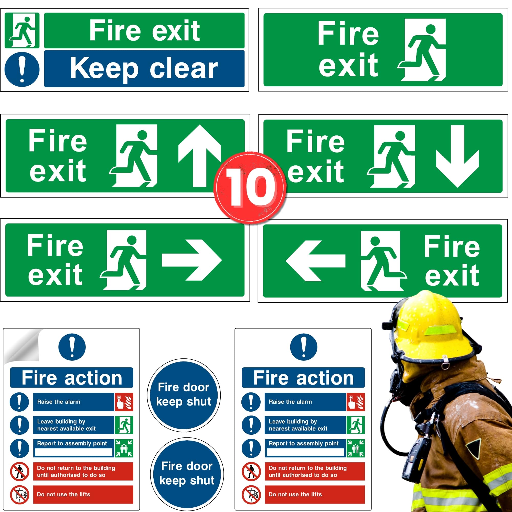 Fire exit signs Self Adhesive kit 10 pack Waterproof Mixed Set Decals Fire Exit & Door Signs, Action Notice, Fire Door Signs for Indoor Outdoor Use. Made in UK Print Kings