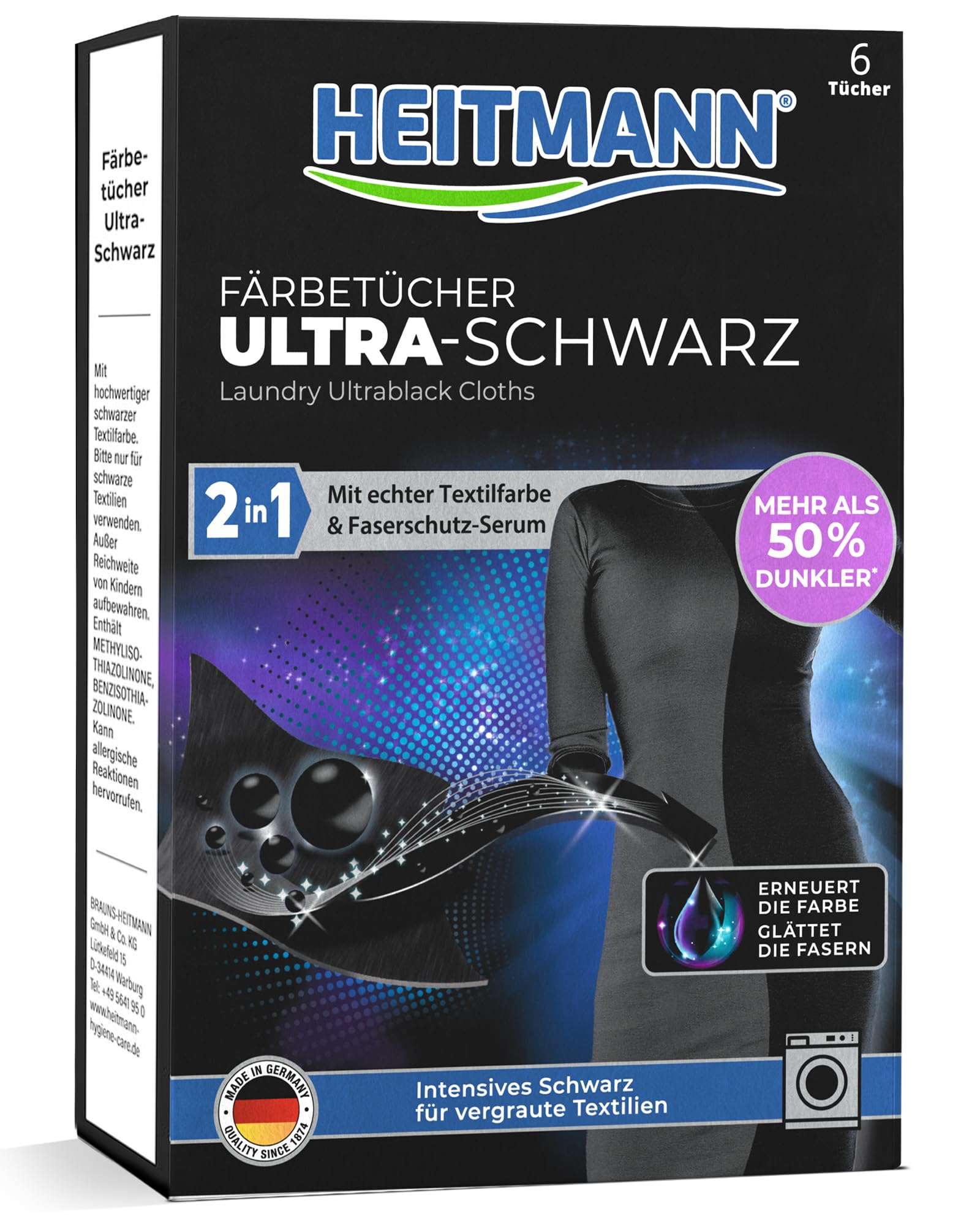 HEITMANN 2in1 Färbetücher Ultra-Schwarz | Farbauffrischung & Pflege für aufgeraute schwarze Kleidung | Farbtücher mit hochwertiger Textilfarbe | Zur Anwendung in der Waschmaschine | 6 Tücher