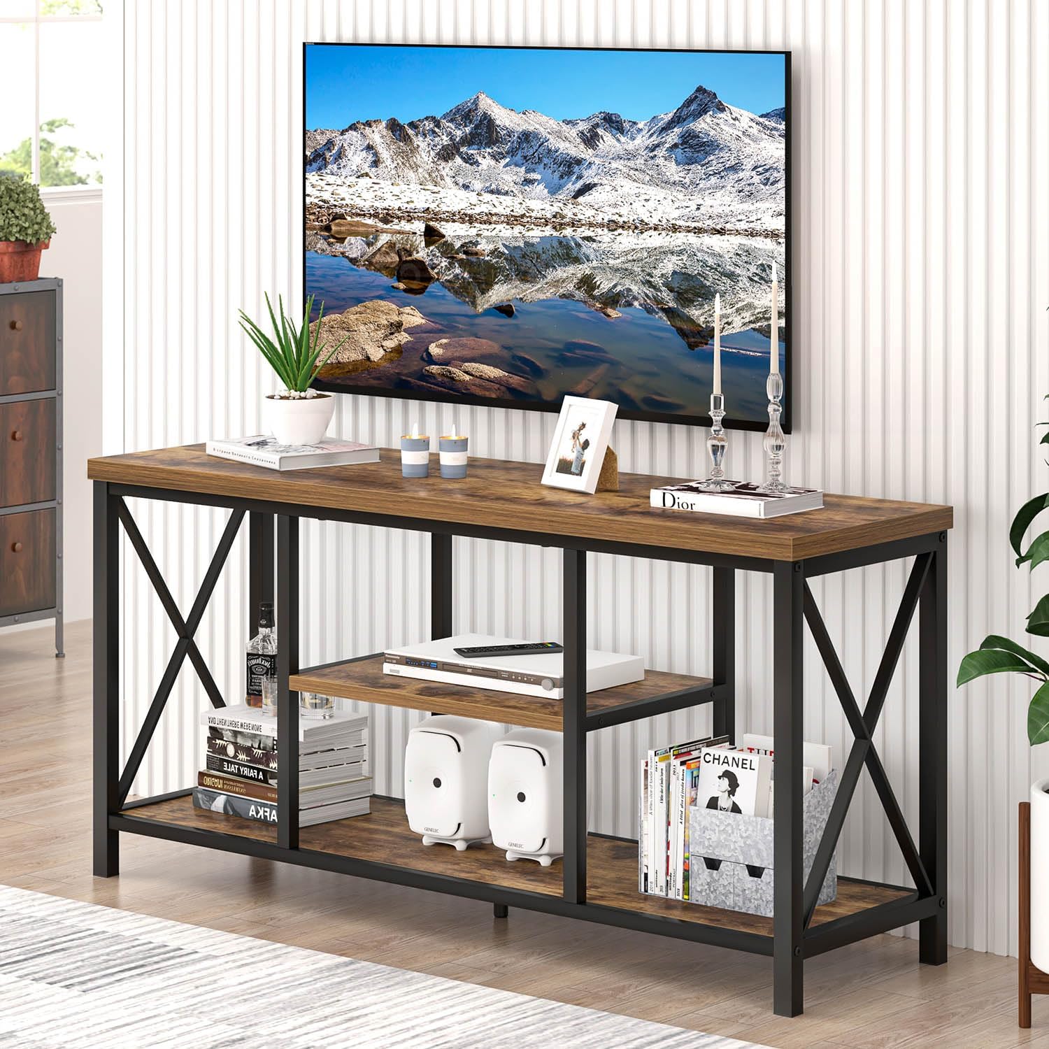 EXCEFUR TV Stand for Televisions up to 55 Inch, Modern Entertainment Center with Storage, Industrial Media TV Console Table for Living Room Bedroom, Rustic Brown 47 Inch