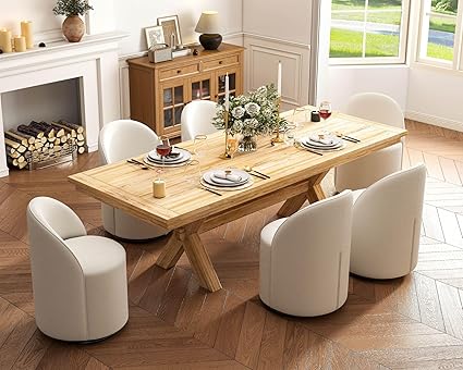 Wahson Velvet Swivel Dining Chairs Set of 6, Modern Upholstered Barrel Accent Chair with 360 Degree Rotation, White Vanity Chair for Dining/Living Room, Bedroom, Makeup Room