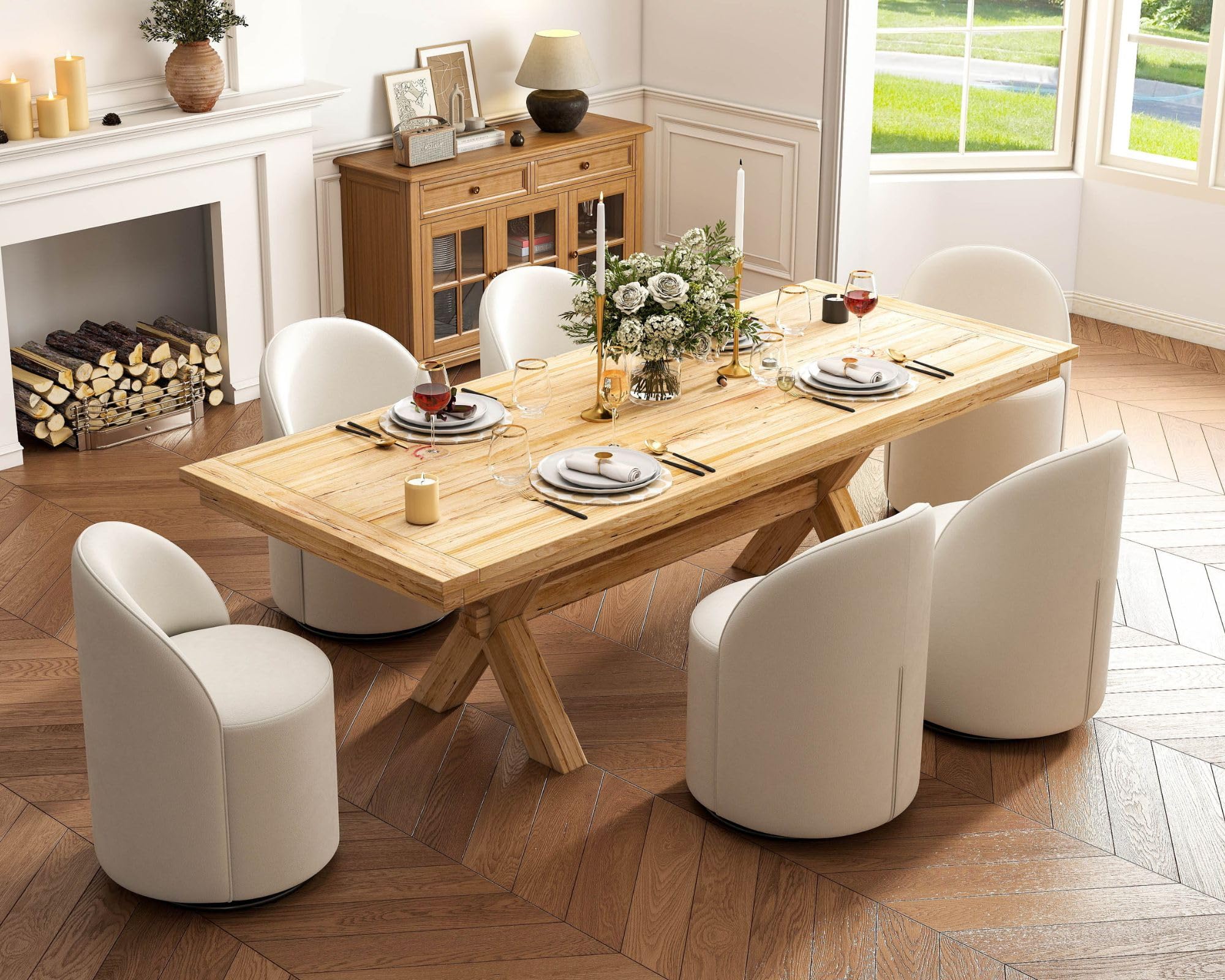 Wahson Velvet Swivel Dining Chairs Set of 6, Modern Upholstered Barrel Accent Chair with 360 Degree Rotation, White Vanity Chair for Dining/Living