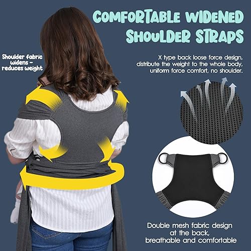 Miniatura 5 de -Portabebés - Portabebés recién nacido a niño pequeño, fácil de envolver recién nacido, tamaño grande, manos libres, anillos de ajuste rápido,