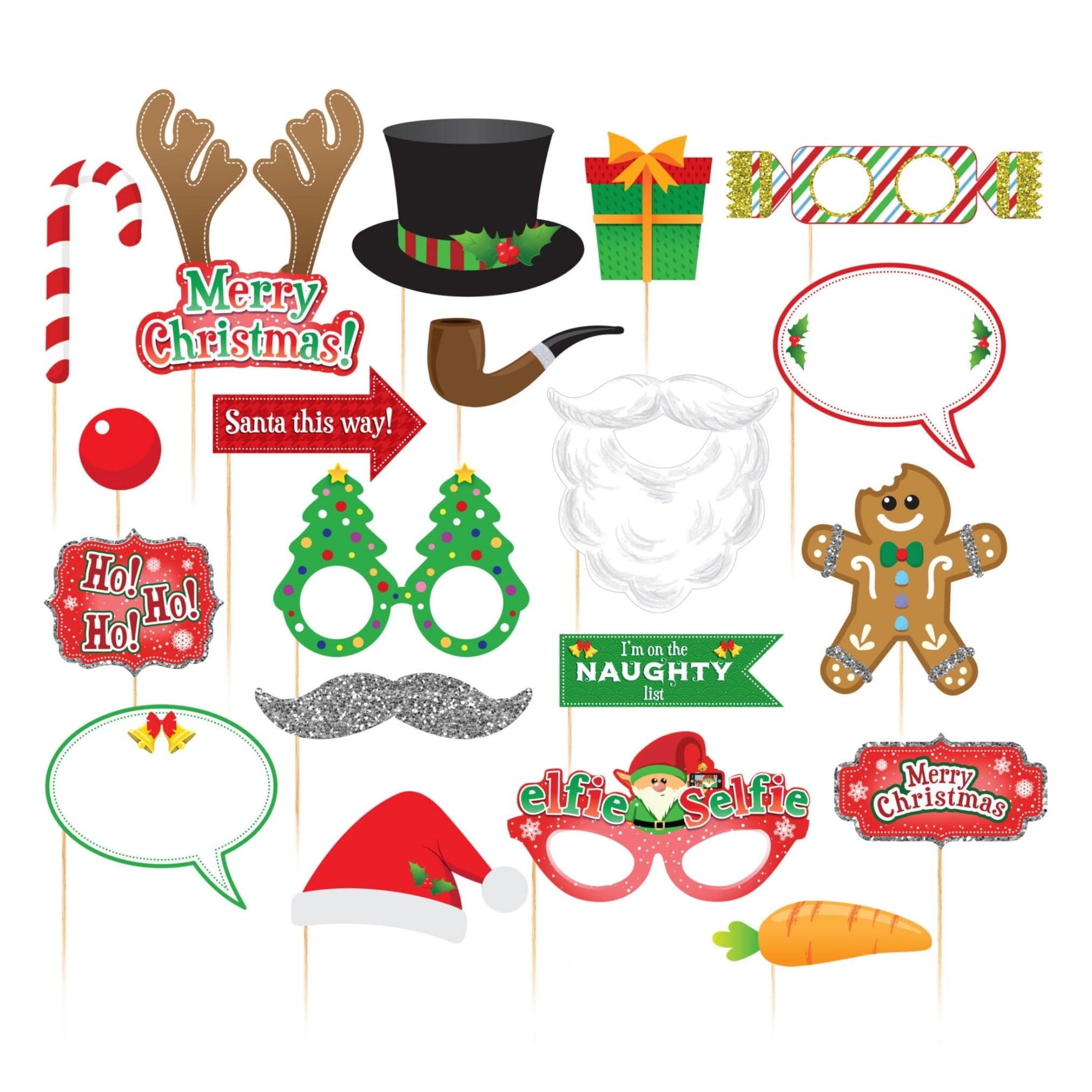 Akh Red, Green, White Akh® Christmas Photo Props - 20 Pieces Assorted Designs - Fun Xmas Party Props For Photos, Santa, Reindeer, Snowman & Holiday Decorations For Christmas Photography & Photo Booth