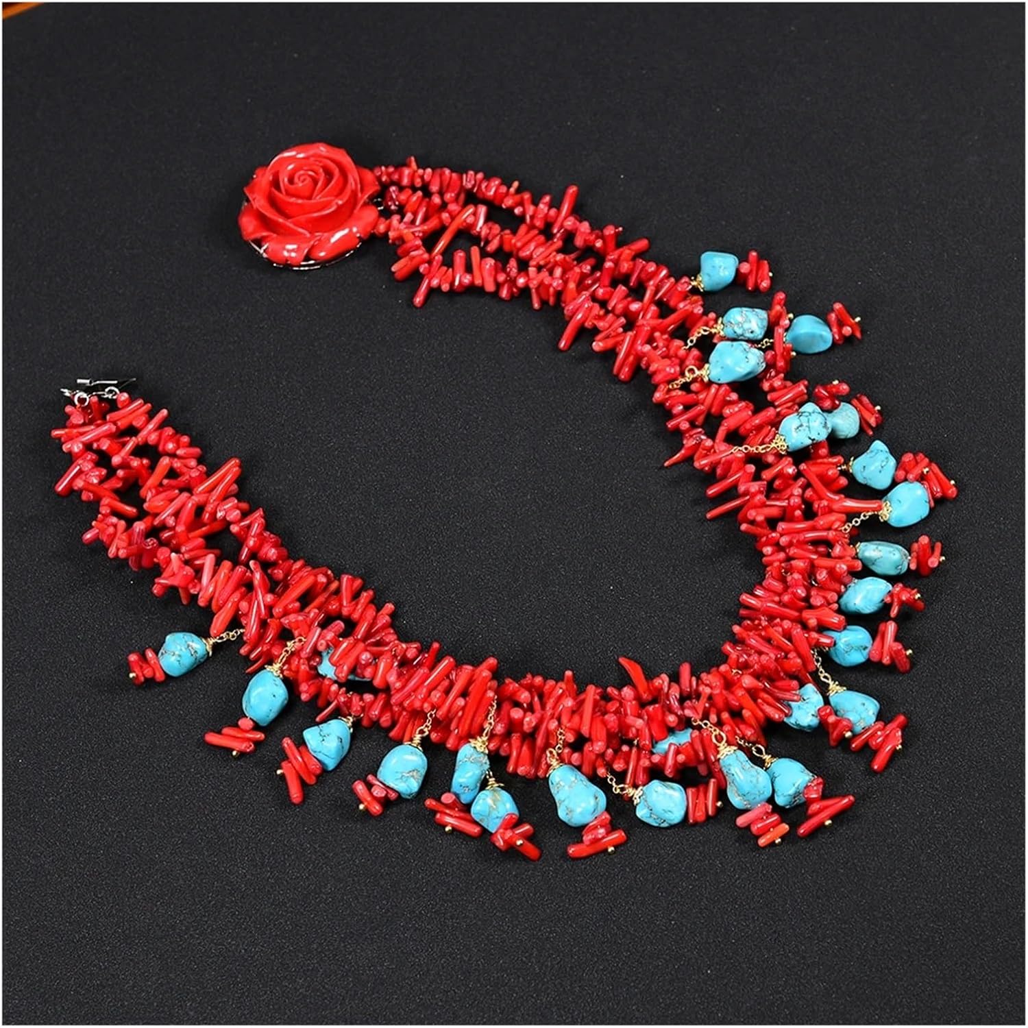 18'' 3 Strands Red Coral Chips Blue Pendant Necklace For Women