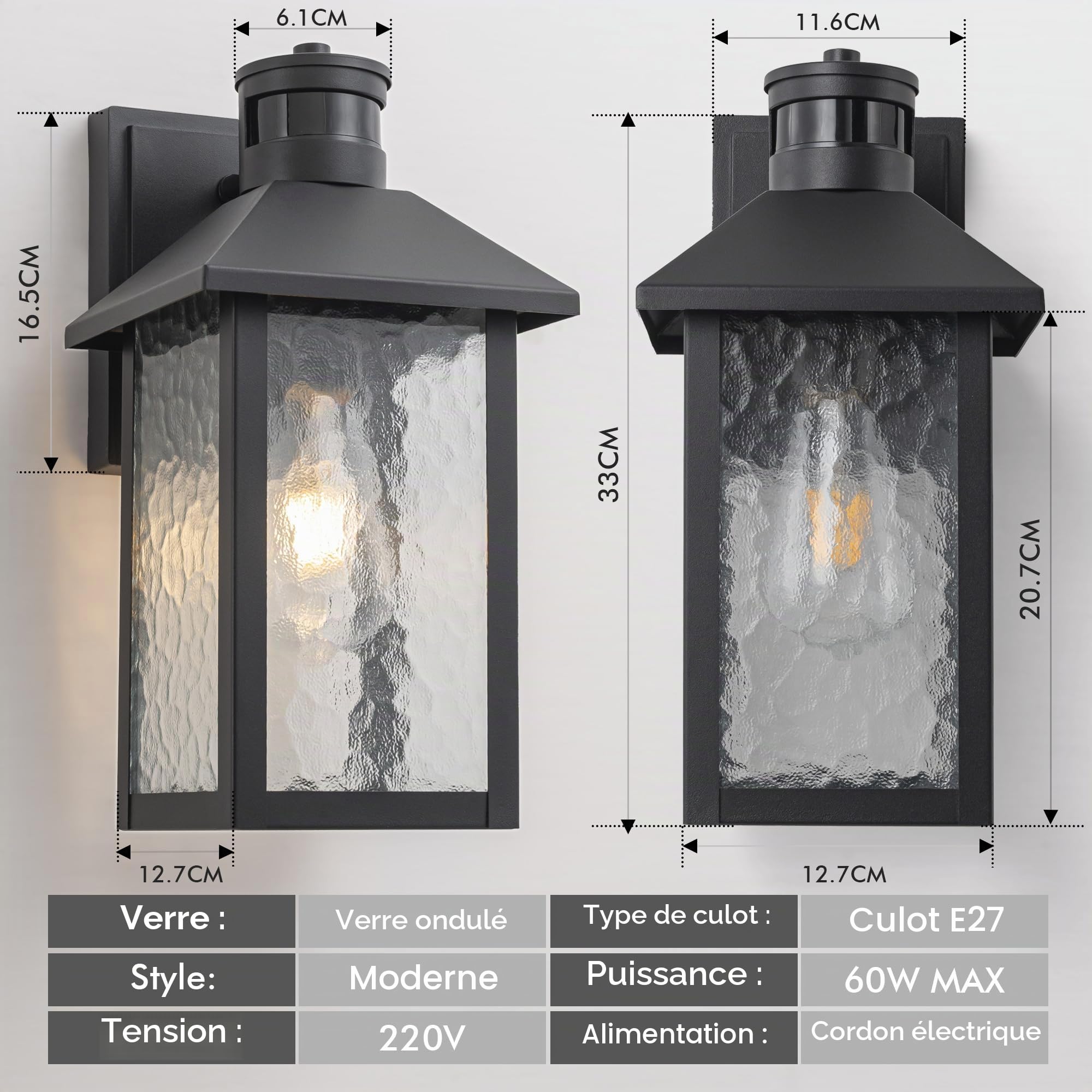 FTL Applique Murale Lanterne Exterieur Detecteur de Mouvement, Porche Lampe Exterieur E27 avec Verre Ondulé Par l'Eau, Luminaire Mural d'Extérieur avec Capteur de Mouvement pour Jardin Terrasse, IP44