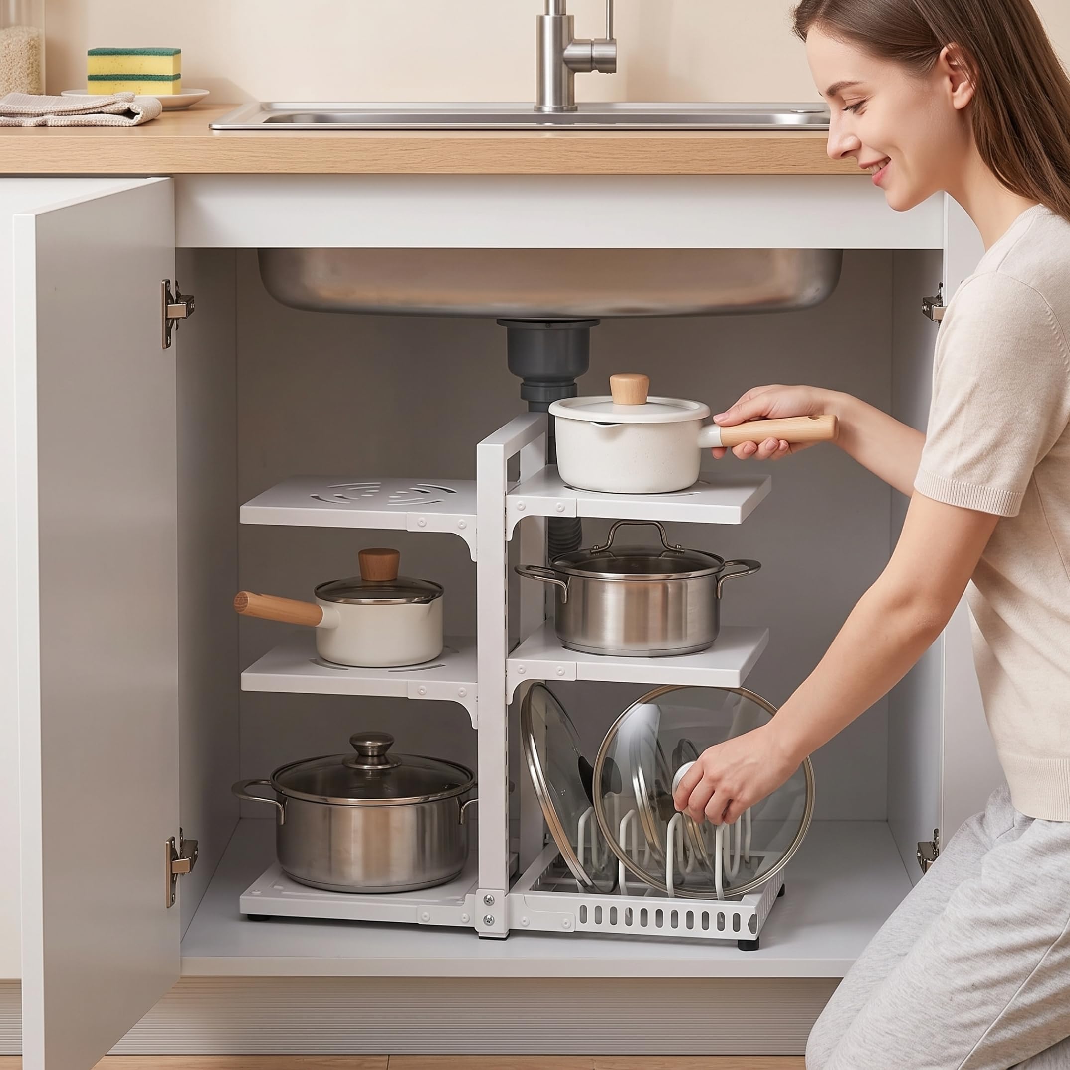 Support à casseroles pour armoire, organisateur de support à casseroles 7 niveaux pour armoire, organisateur de réglable double face blanc 20, 08 X 8, 27 X 21, 26 pouces
