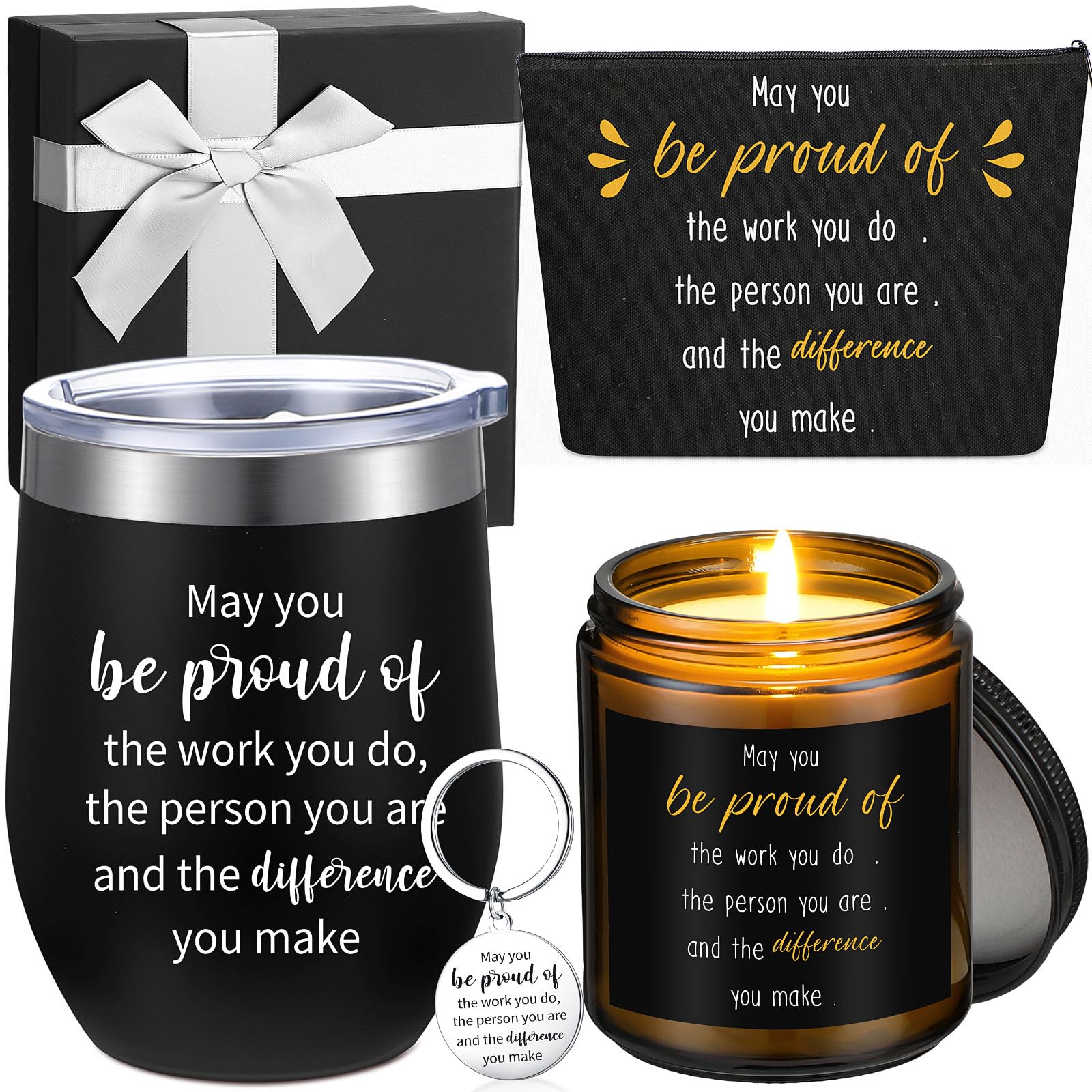 Inbagi 5 Pcs Thank You Gifts for Women Coworker Appreciation Gift Basket Insulated Tumbler Scented Candle Makeup Bag Keychain for Mom Employee Teacher(Black, Proud)