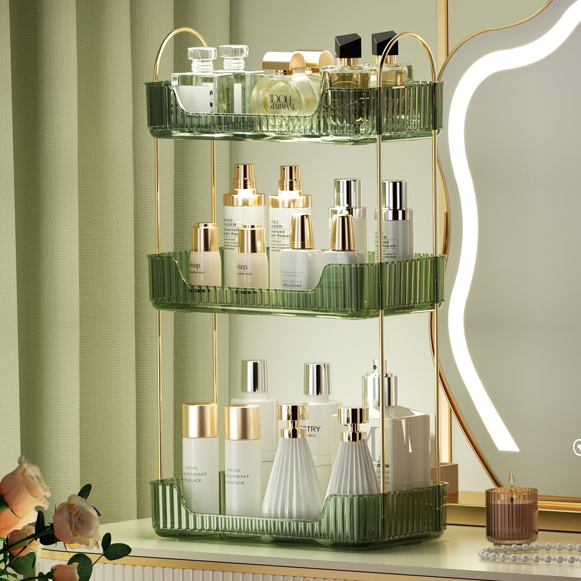 akinbas Badezimmer-Organizer mit 3 Ebenen, für die Arbeitsplatte, Make-up, Parfüm, Hautpflege-Organizer für Badezimmer, Kommode, Schminktisch (grün)