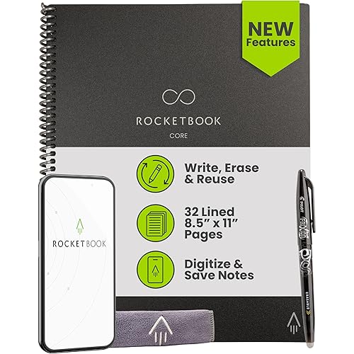 Rocketbook New Core Reusable Spiral Notebook, Letter Size 8.5x11, Black - Lined Pages, App-Connected, Erasable, Durable Cover, Ideal for School, Work, and Creative Projects
