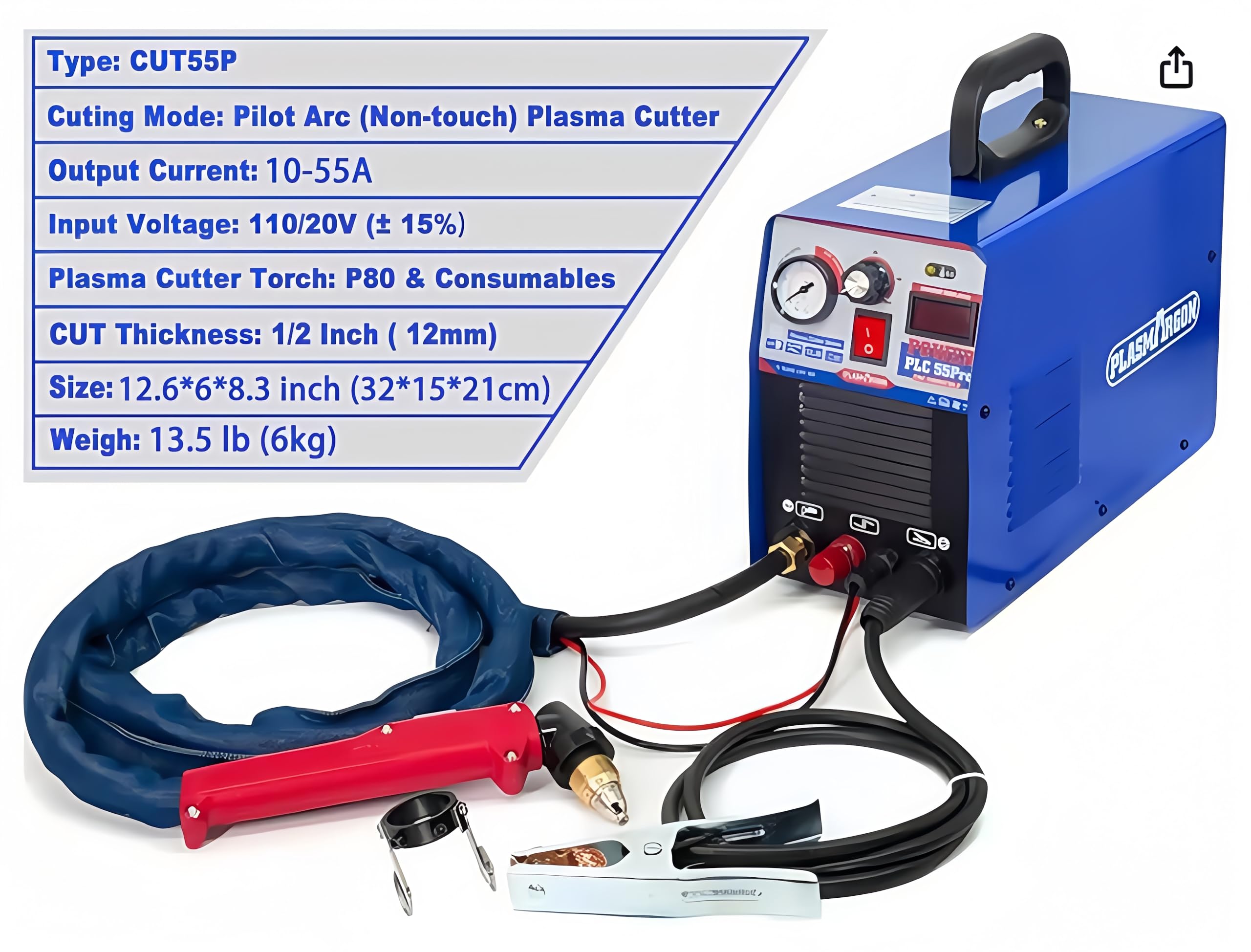 Taglierina al plasma 220 V, 55 A, HF Non-Touch Pilot Arc, spessore massimo di taglio 20 mm, taglio pulito 15 mm (PLC55P)