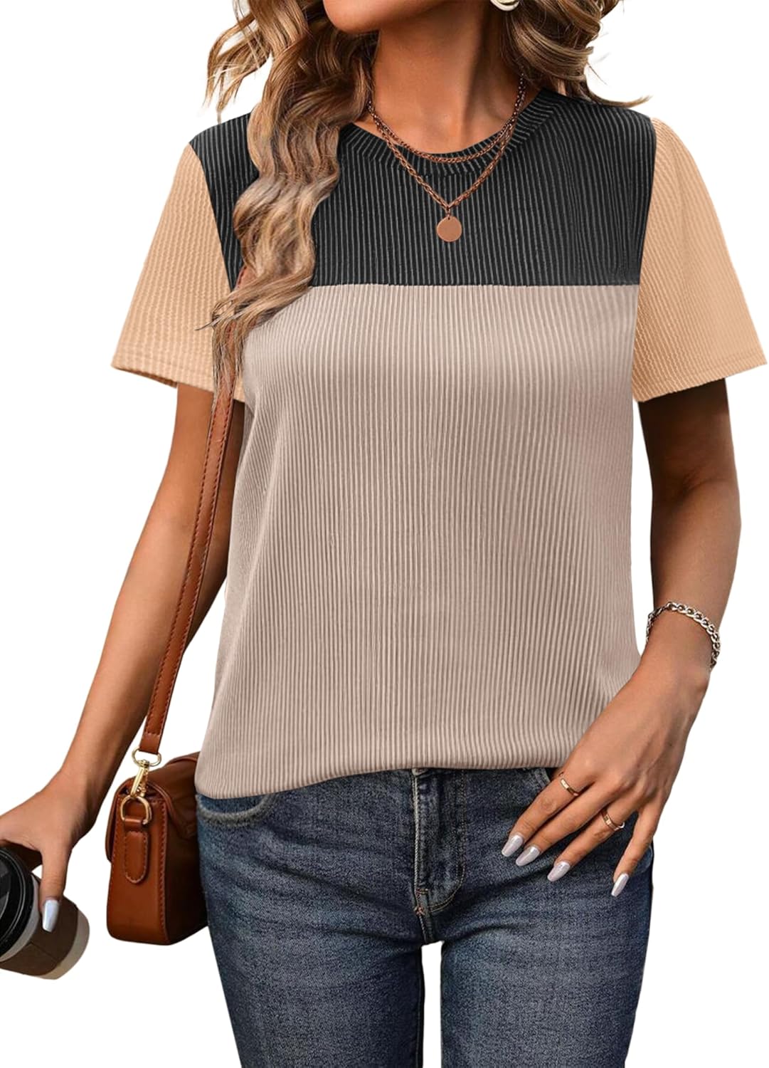 Zeagoo Womens Casual Summer Tops Short Sleeve T Shirts Crewneck Basic Tees Blouses Color Block Tunic Tops - Image 2