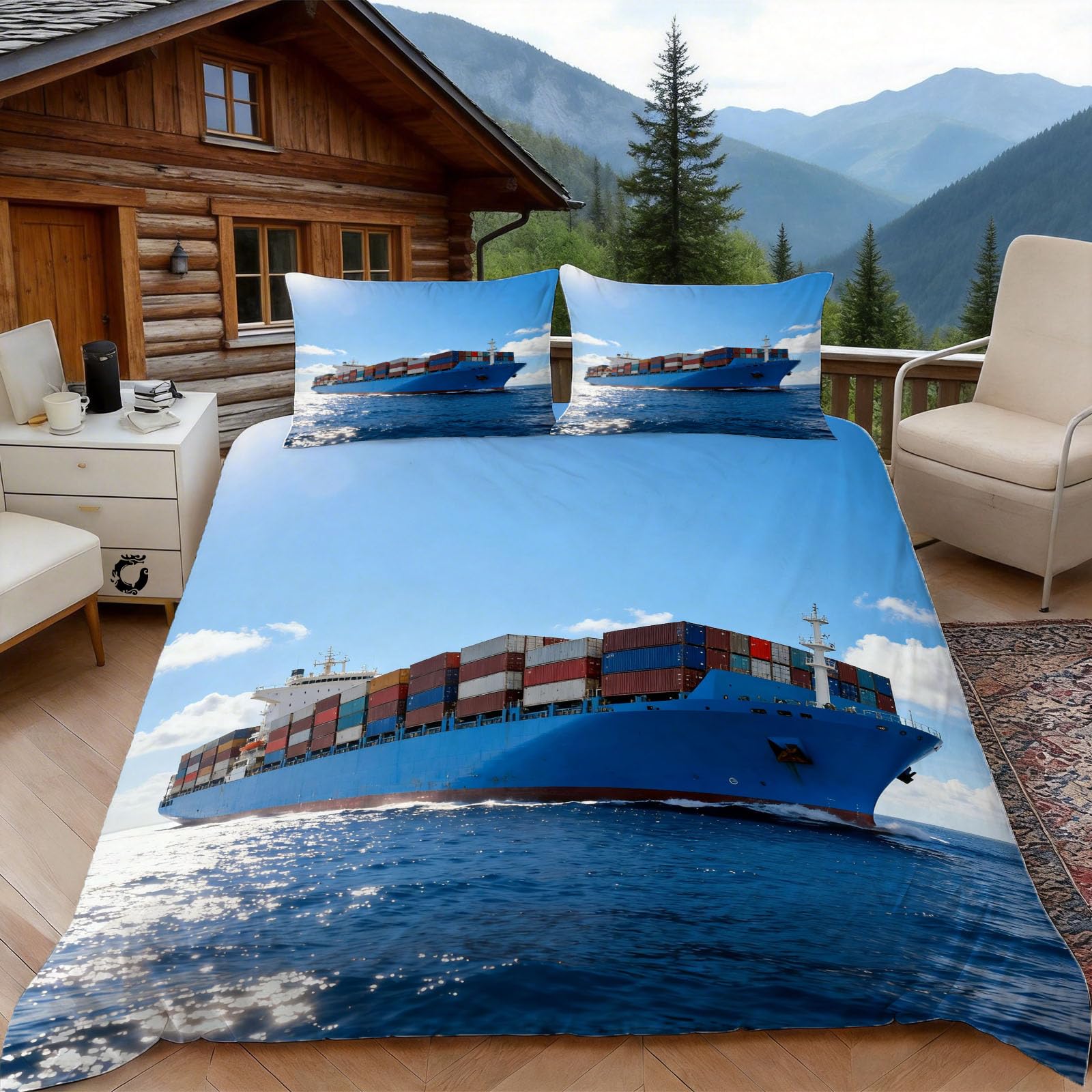 Housse de couette 200x200 navire cargo pour 2 personnes avec taies d'oreiller