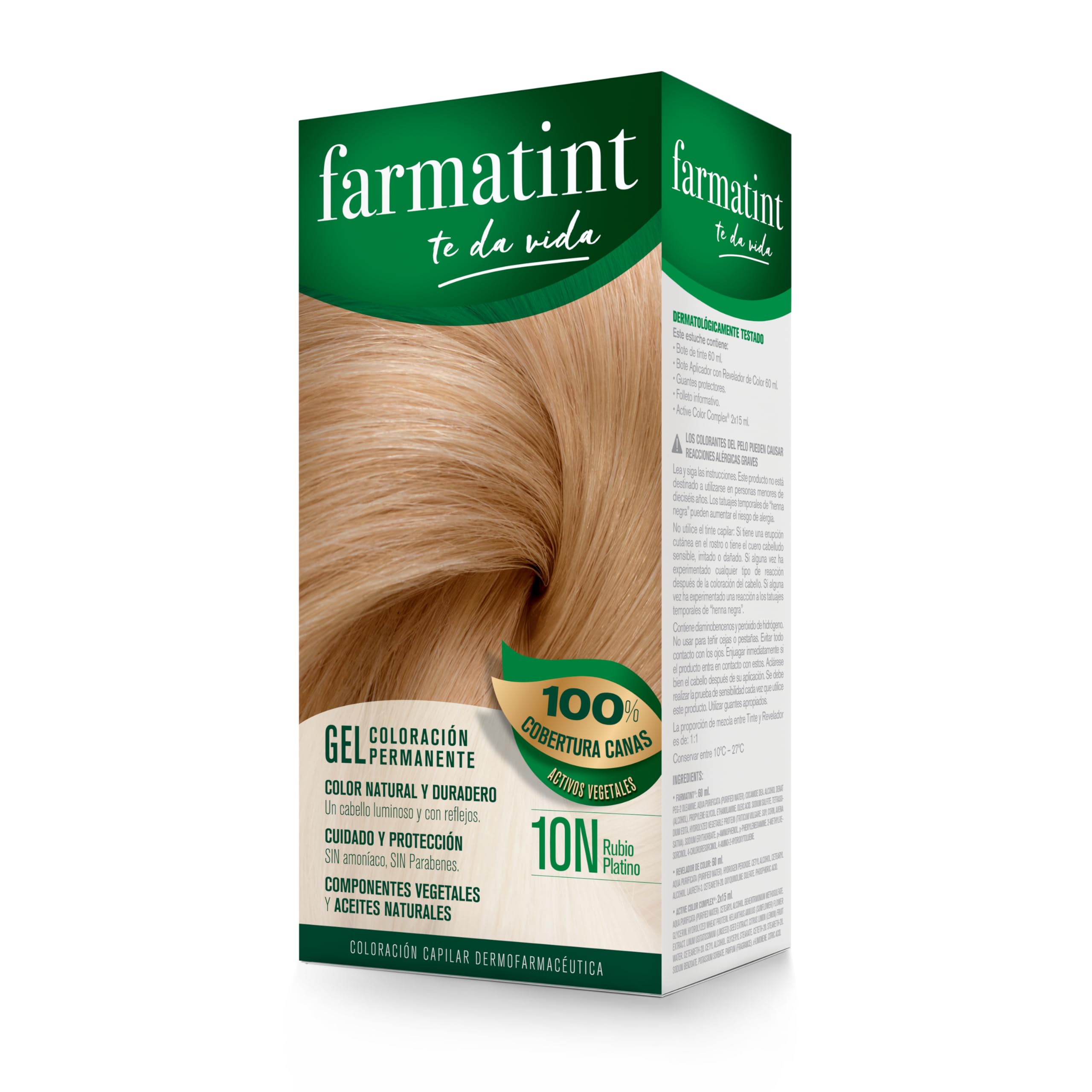Farmatint Gel 10N Rubio Platino | Color natural y duradero | Componentes vegetales y aceites naturales | Sin amoníaco | Sin Parabenos | Dermatológicamente testado, 135ml