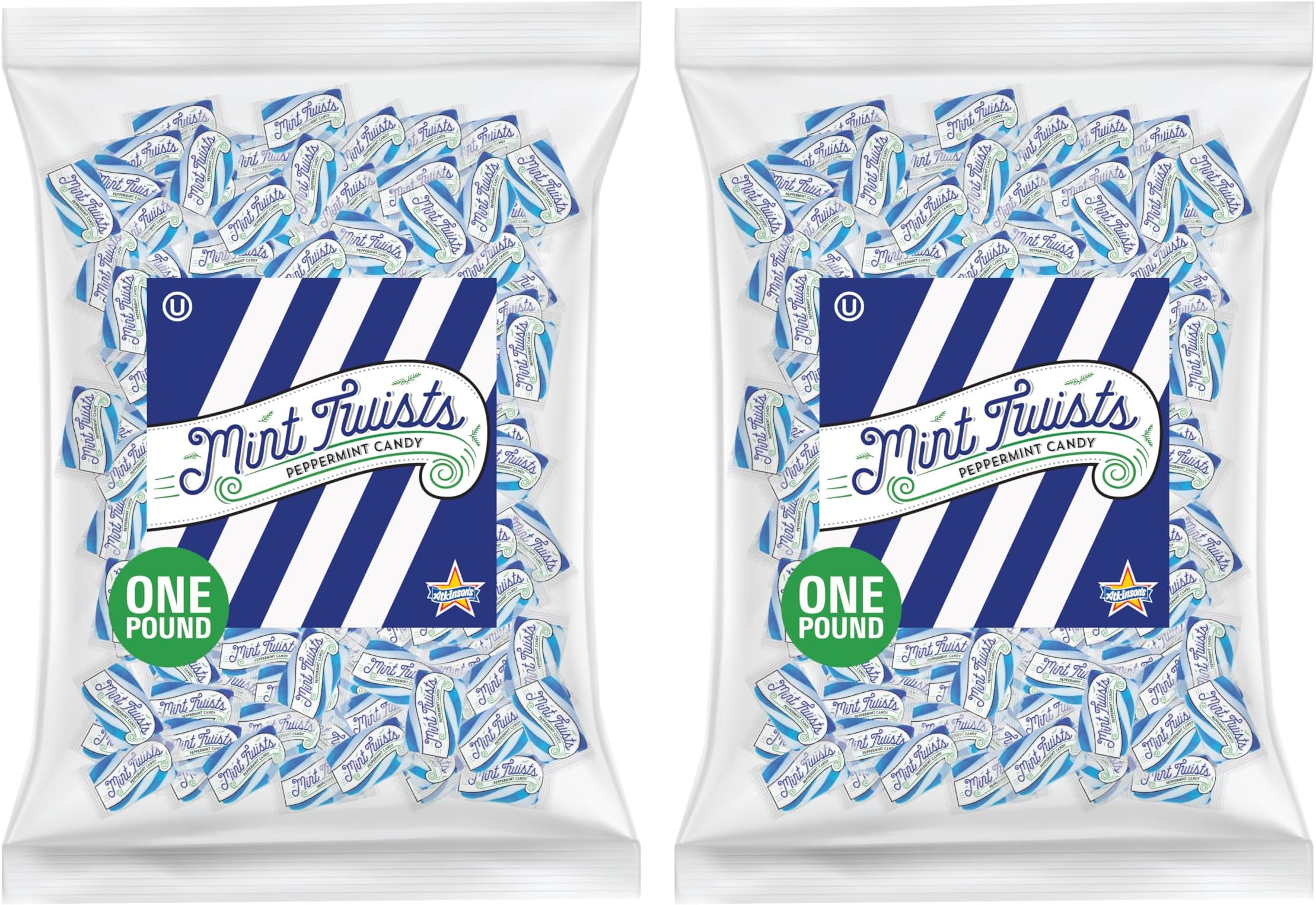 Atkinson's Blue and White Mint Twists Peppermint Candy 2 lb Bag