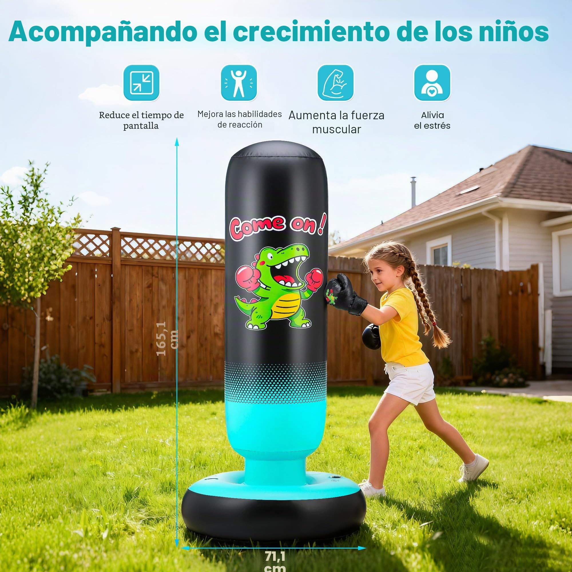 Saco de Boxeo Niños con Guantes de Boxeo y Bomba 165cm Grande Estable Dinosaurio & Golpear un Objetivo 2 en 1 Inflable Saco de Boxeo de Pie Regalo para Niños y Niñas 3-12 Años