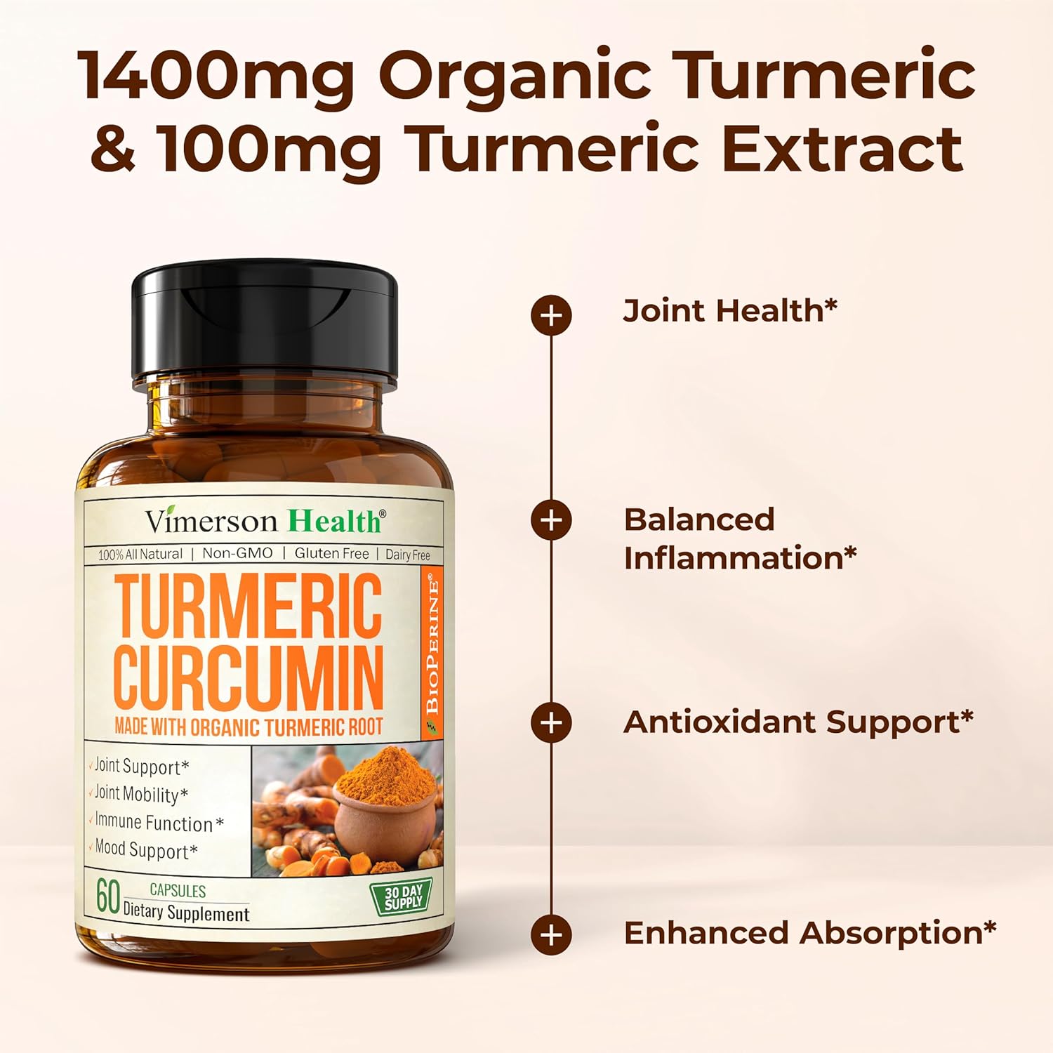 Turmeric with Black Pepper - High Potency Organic 1200mg Turmeric Curcumin Supplement for Joint Support & Digestive Health - Curcumin with Black Pepper for High Absorption - Non-GMO - 60 Capsules