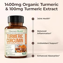 Turmeric Curcumin Supplement with Black Pepper Extract - High Potency Organic Turmeric 1400mg & 95% Curcuminoids for Joint & Digestive Health - Joint Support Supplement - 60 Vegan Curcuma Capsules