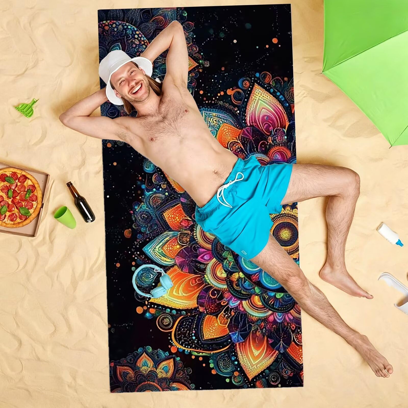 Telo Mare Microfibra - Telo Mare Grande 100x220 cm - Ultra Leggero - Asciugatura Rapida | Asciugamano Mare Donna e Uomo: Facile da Pulir - nero, per Spiaggia, Piscina, Viaggio, Mandala (2) 0J-176