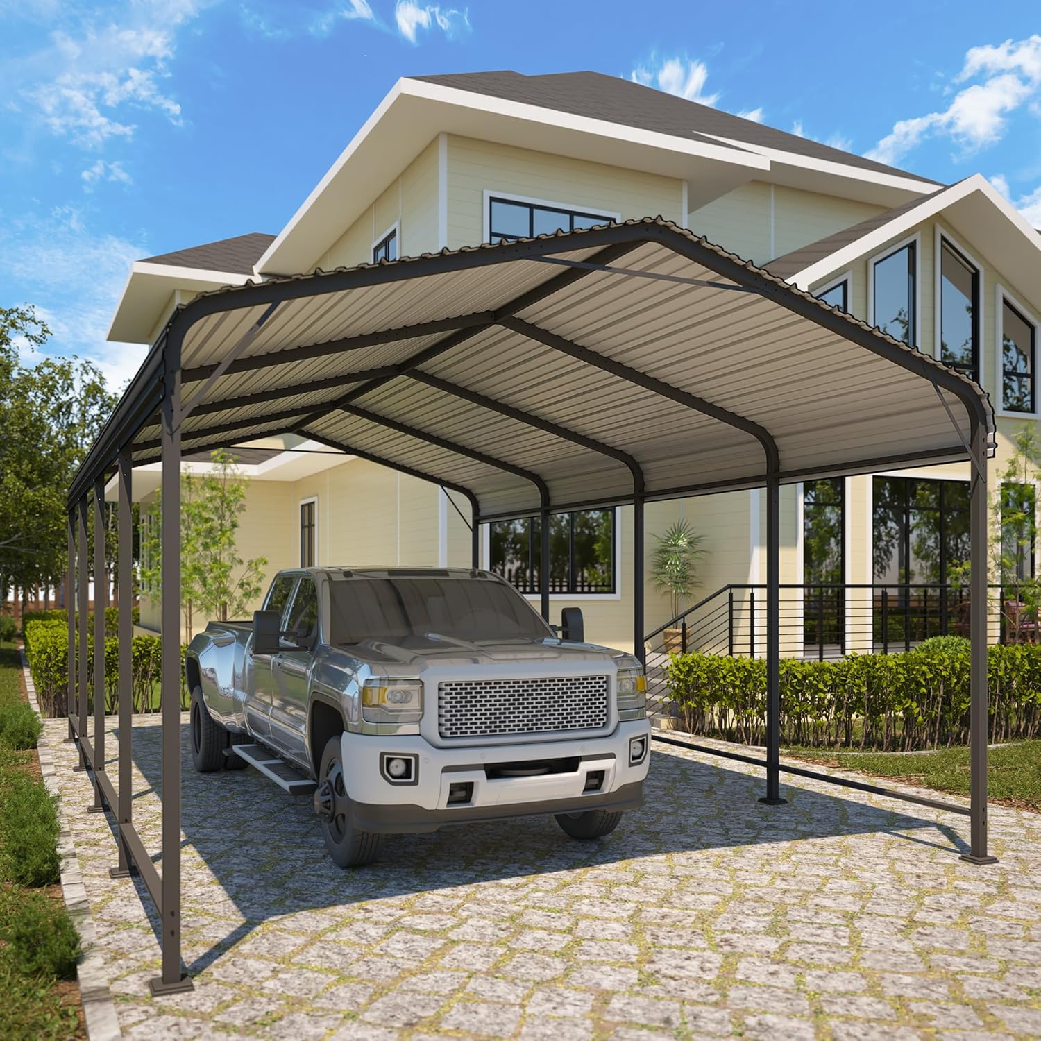 12x20 FT Car Port, Heavy Duty Canopy with Updated Roof & Enhanced Base, Multi-Use Metal Carport Garage for Car, Truck, Boat, Tractors, Party, Grey
