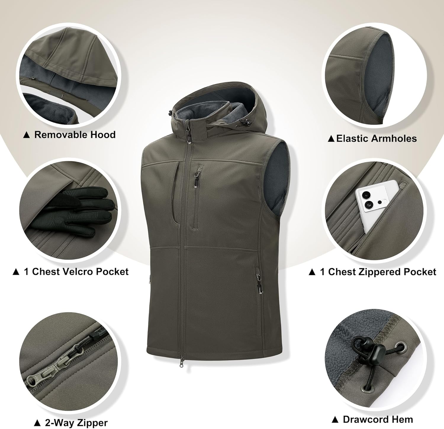 33,000ft Men's Lightweight Softshell Vest Hooded Outerwear Zip Up Fleece Lined Windproof Sleeveless Jacket for Golf Running - Image 3