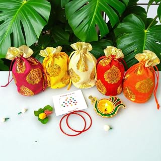 LOVENSPIRE Varalakshmi Vratham Gift Hamper Navaratri Vratha Hindu Religious Teej Karva Chauth Sankranti Pooja Housewarming Return Gifts - Potli Bags Haldi Kumkum Packet Bindi Packs Diya Bangle