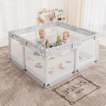 Baby Playpen for Babies and Toddlers - 35x35in Giant Play Pen for Babies 6-12 Months Big Play Yard for Toddlers 1-3 Play Pens for Toddler Indoors Playyard Fence Pin Corrales para Bebes Grey