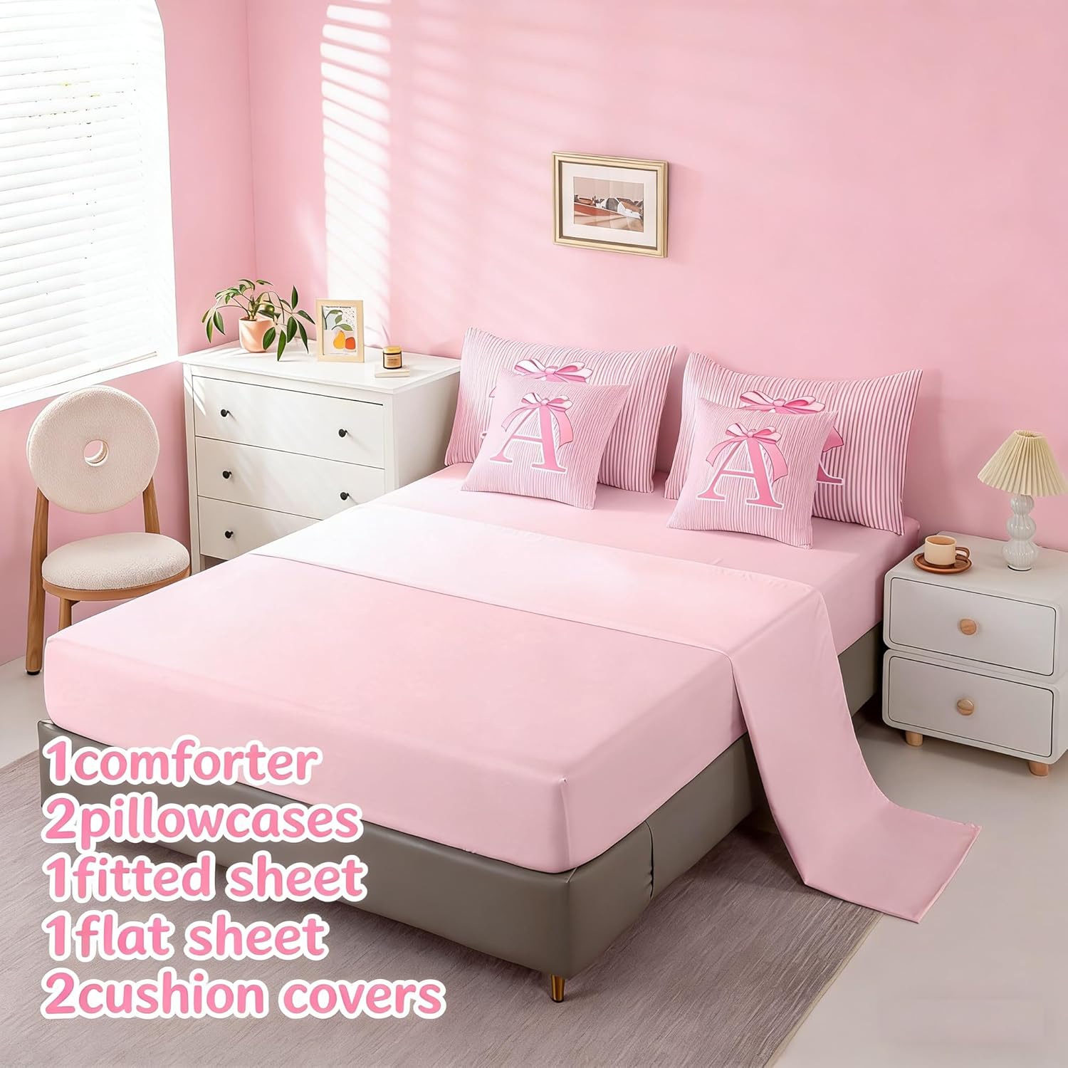 Feelyou Pink Bow Comforter Set with Sheets 7 Piece Full Size Dreamy Princess Bow Bedding Set for Kids Boys Girls Personalized Letter A Bed in a Bag Room Decor Soft Microfiber