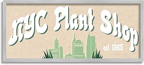 Stupell Industries NYC Plant Shop Green Grass Skyline Est. 1965, diseño de Daphne Polselli - Arte de pared enmarcado gris, 24 x 10 pulgadas